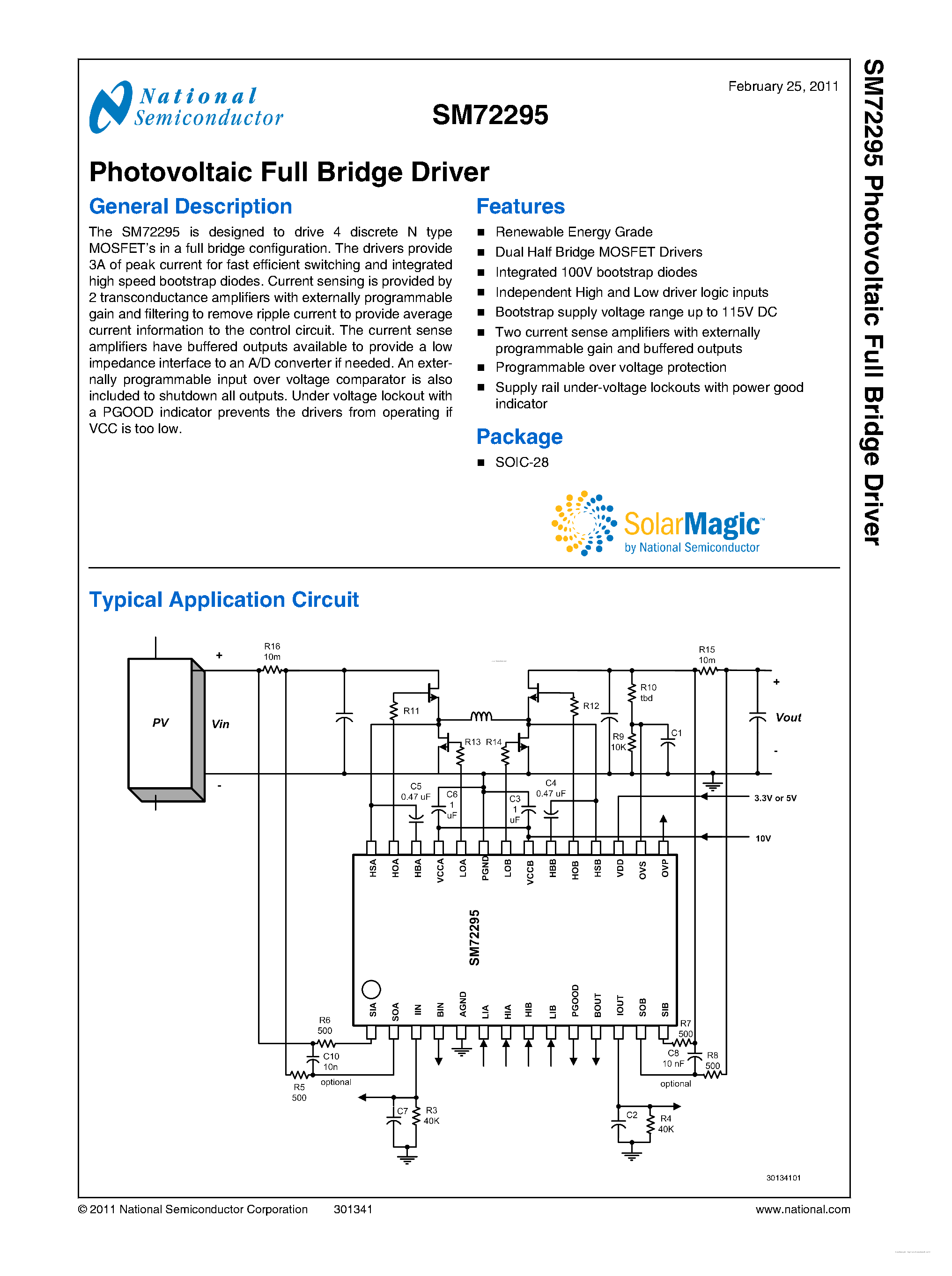 Datasheet SM72295 page 1 Datasheet SM72295 - Photovoltaic Full Bridge Driver page 1