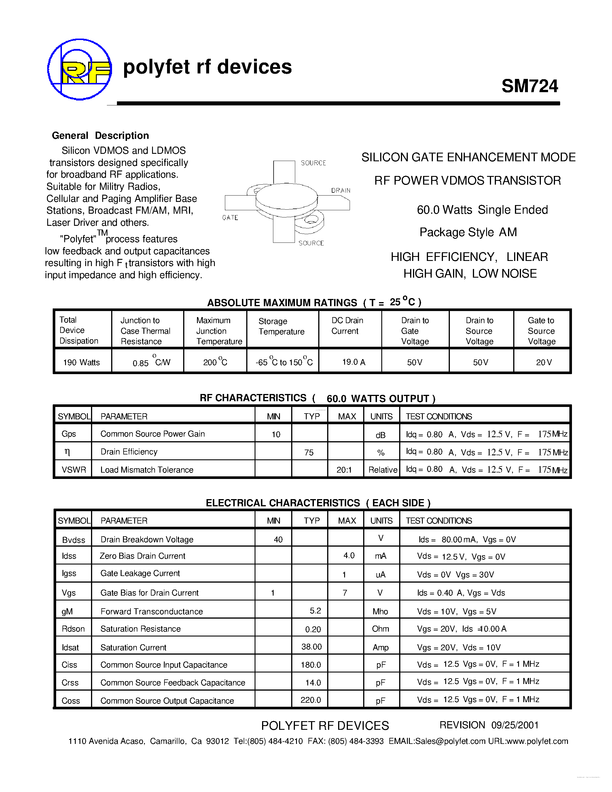 Datasheet SM724 page 1 Datasheet SM724 - SILICON GATE ENHANCEMENT MODE RF POWER VDMOS TRANSISTOR page 1