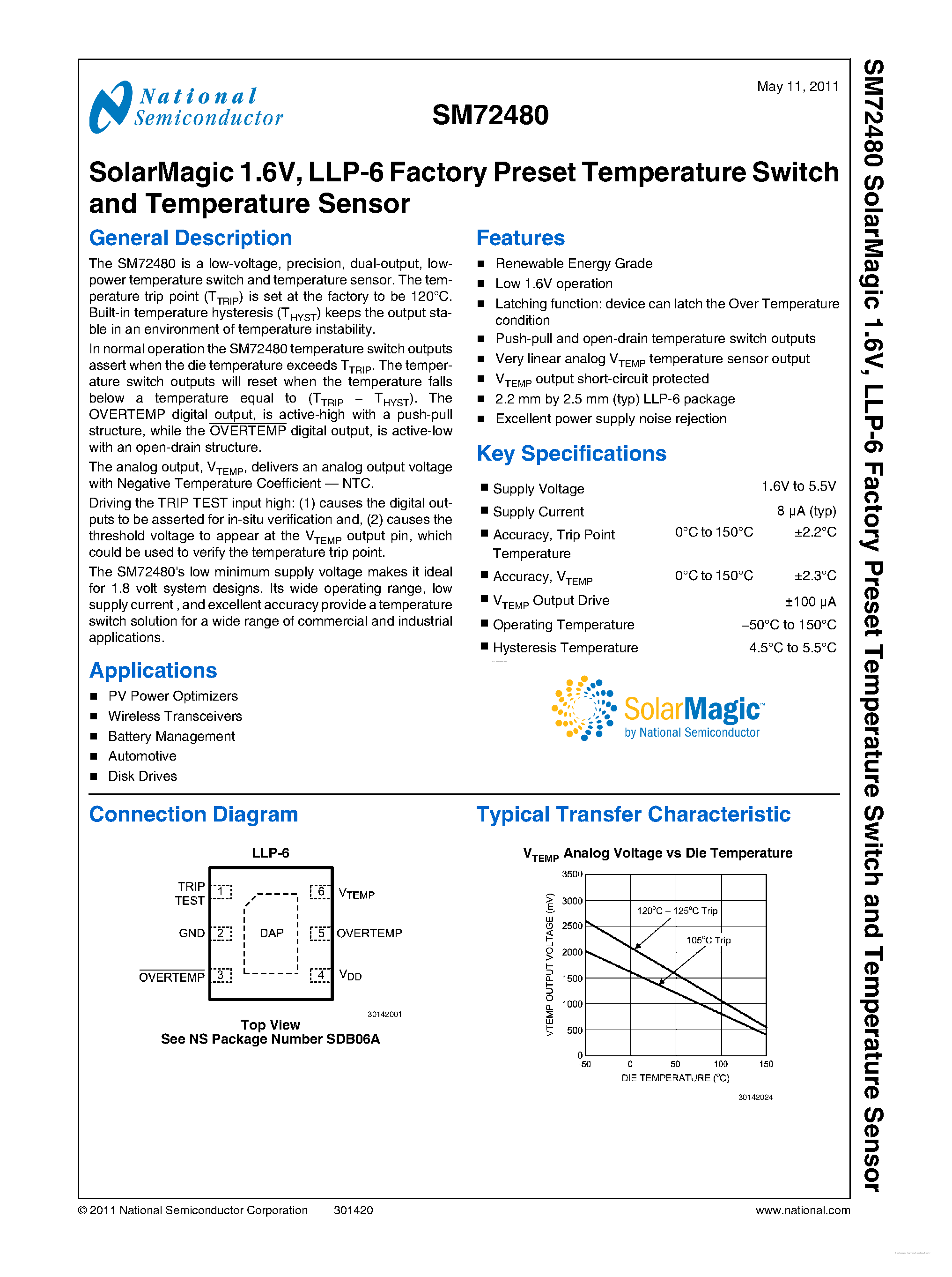 Datasheet SM72480 page 1 Datasheet SM72480 - LLP-6 Factory Preset Temperature Switch and Temperature Sensor page 1