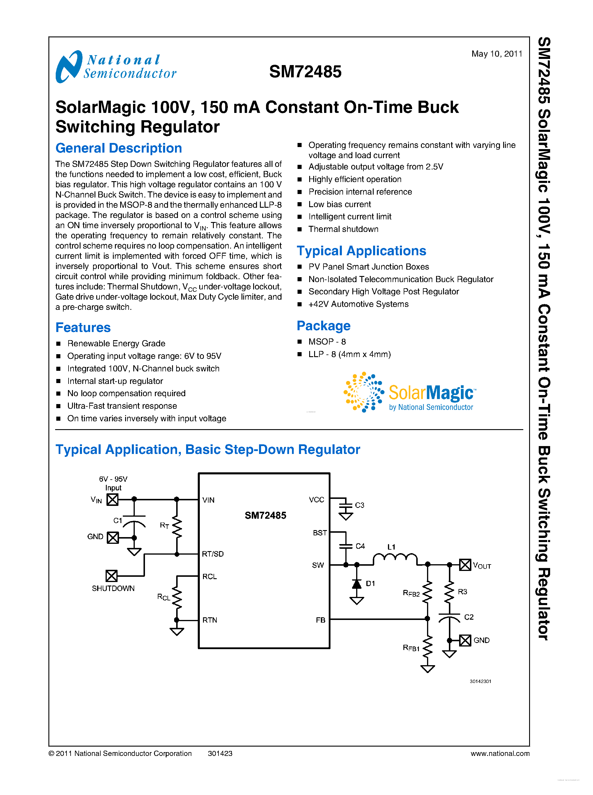 Datasheet SM72485 page 1 Datasheet SM72485 - 150 mA Constant On-Time Buck Switching Regulator page 1