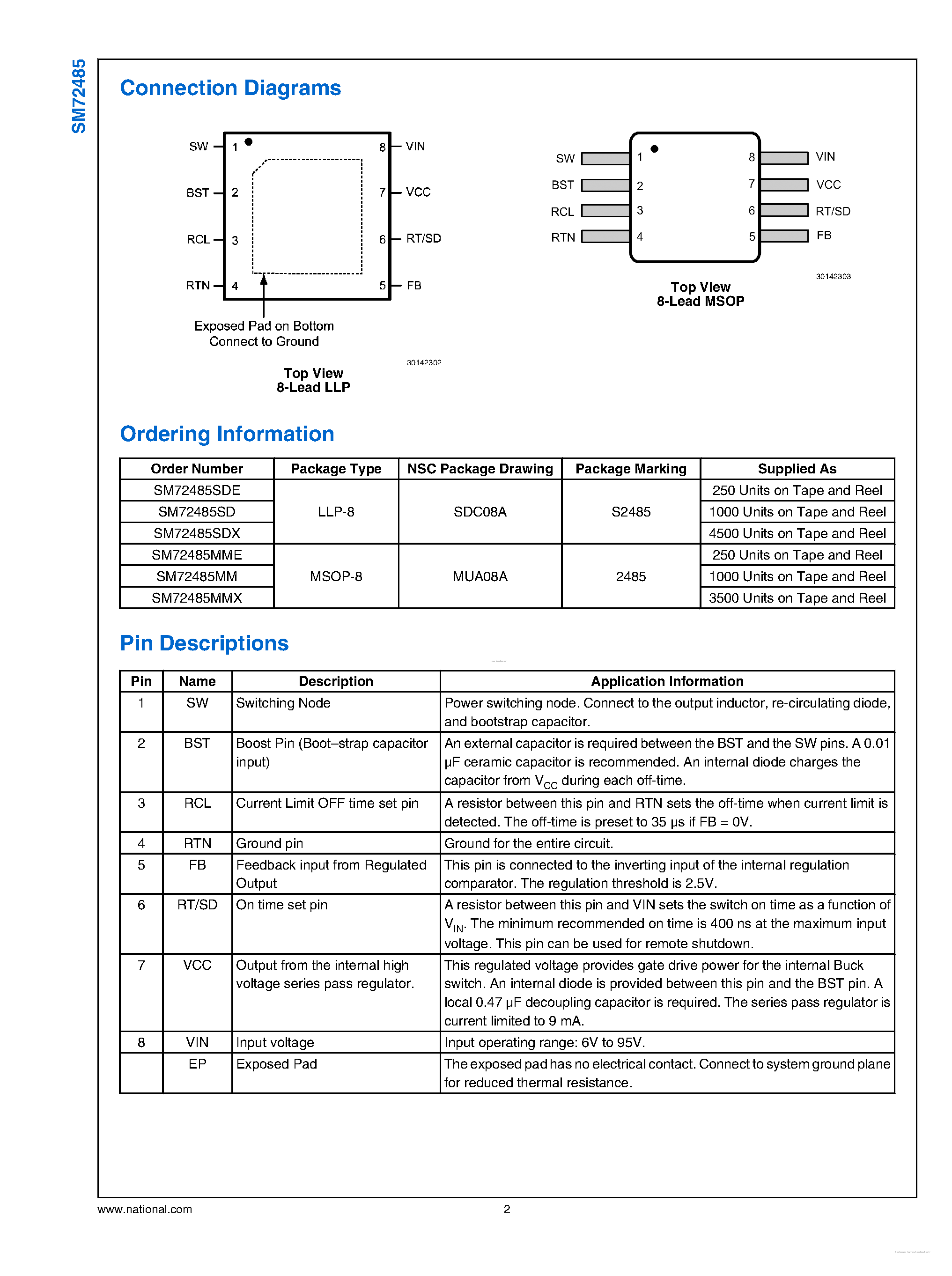 Datasheet SM72485 page 2 Datasheet SM72485 - 150 mA Constant On-Time Buck Switching Regulator page 2