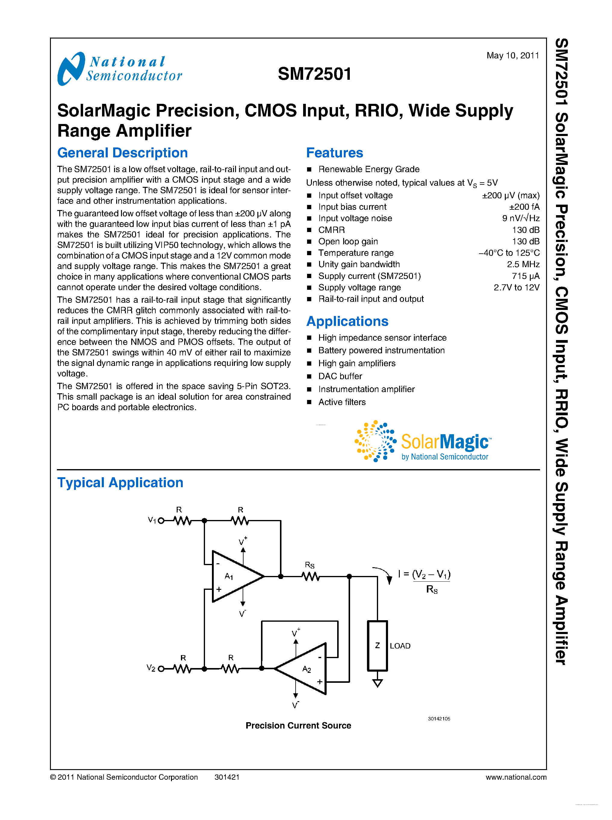 Datasheet SM72501 page 2 Datasheet SM72501 - Wide Supply Range Amplifier page 2