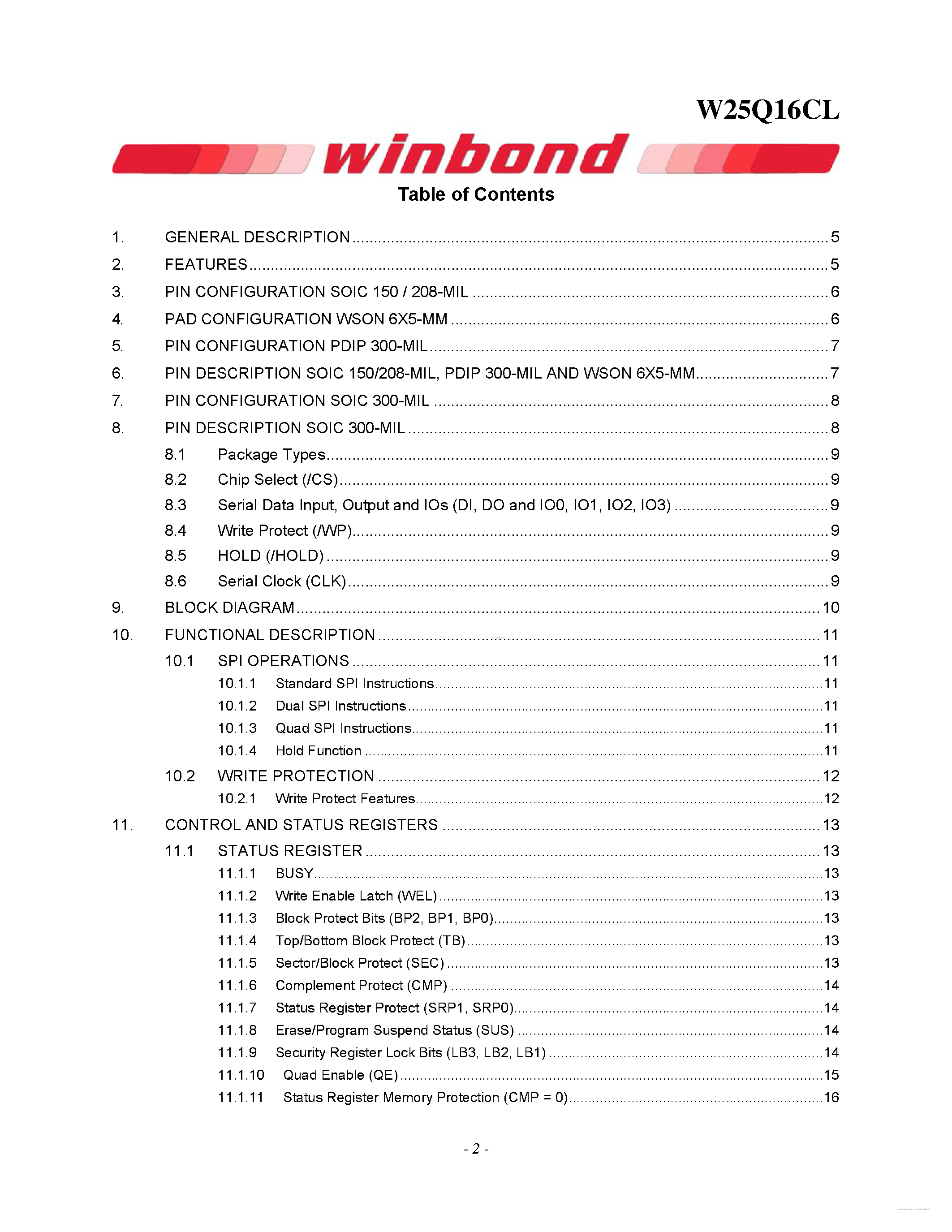 Datasheet W25Q16CL - 2.5V 16M-BIT SERIAL FLASH MEMORY page 2