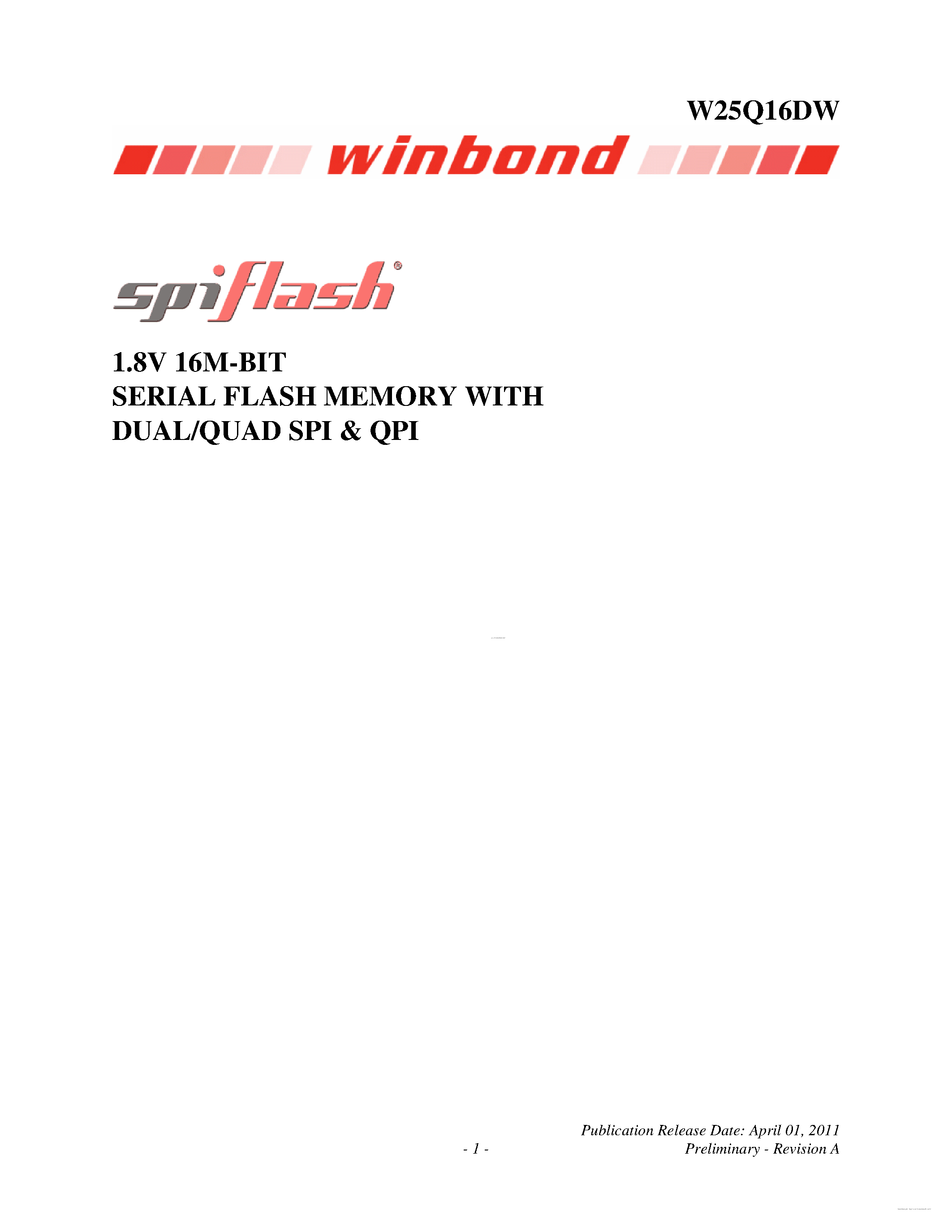 Datasheet W25Q16DW - 1.8V 16M-BIT SERIAL FLASH MEMORY page 1