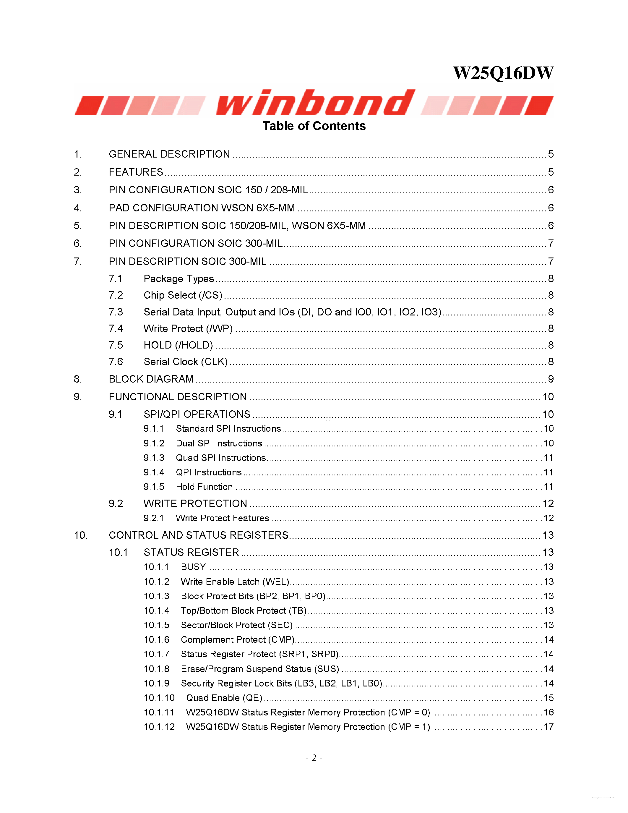 Datasheet W25Q16DW - 1.8V 16M-BIT SERIAL FLASH MEMORY page 2