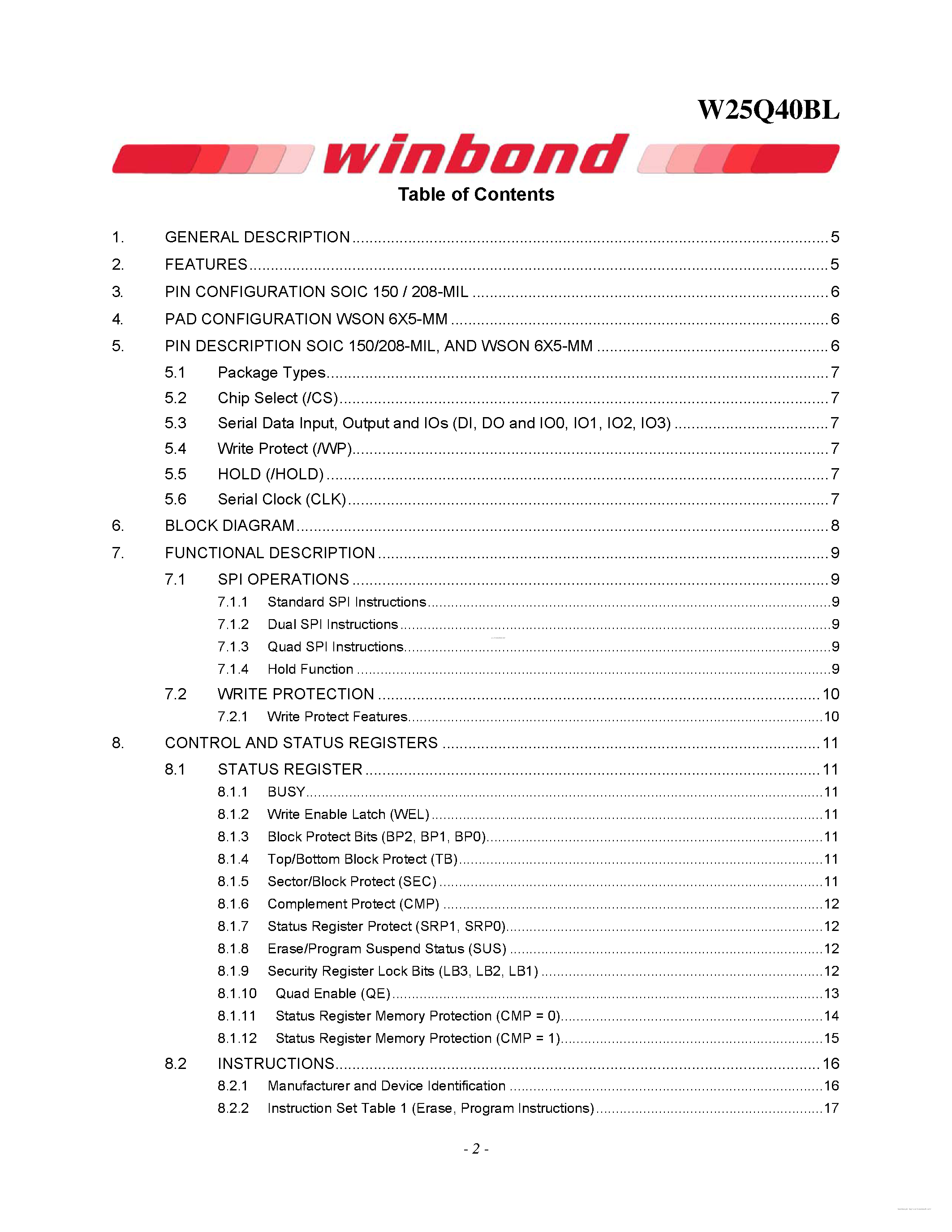 Datasheet W25Q40BL - 2.5V 4M-BIT SERIAL FLASH MEMORY page 2