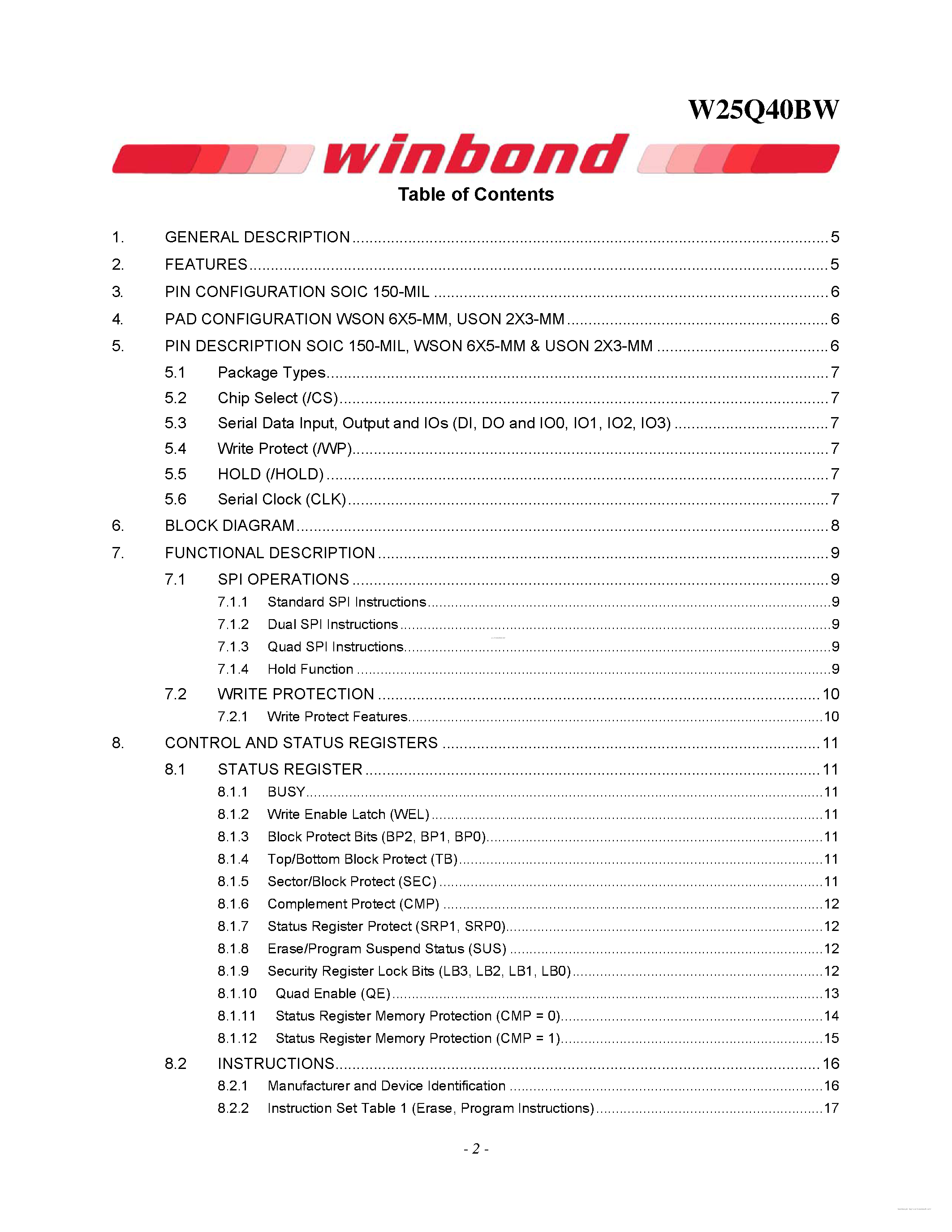 Datasheet W25Q40BW page 2 Datasheet W25Q40BW - 1.8V 4M-BIT SERIAL FLASH MEMORY page 2