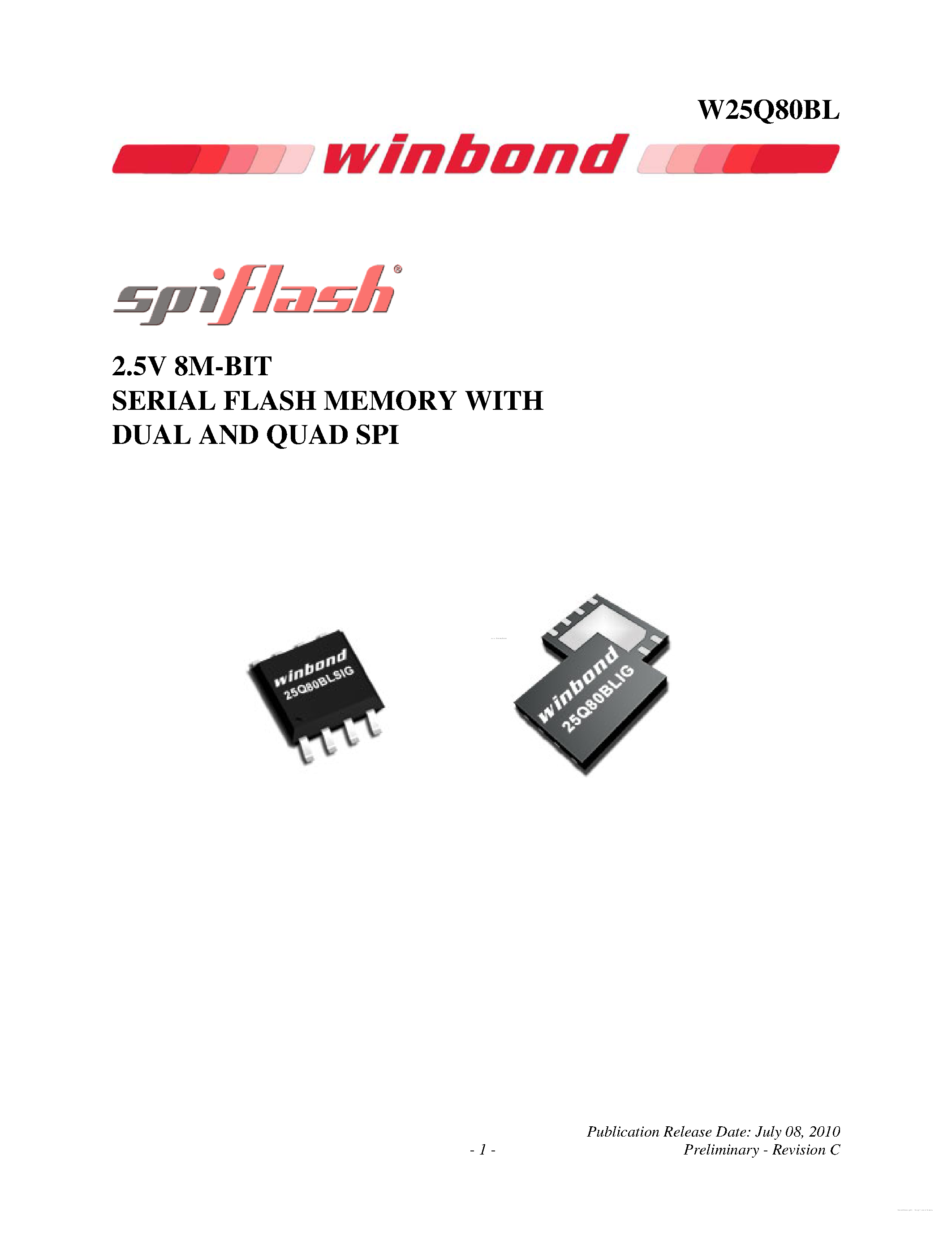 Datasheet W25Q80BL - 2.5V 8M-BIT SERIAL FLASH MEMORY page 1
