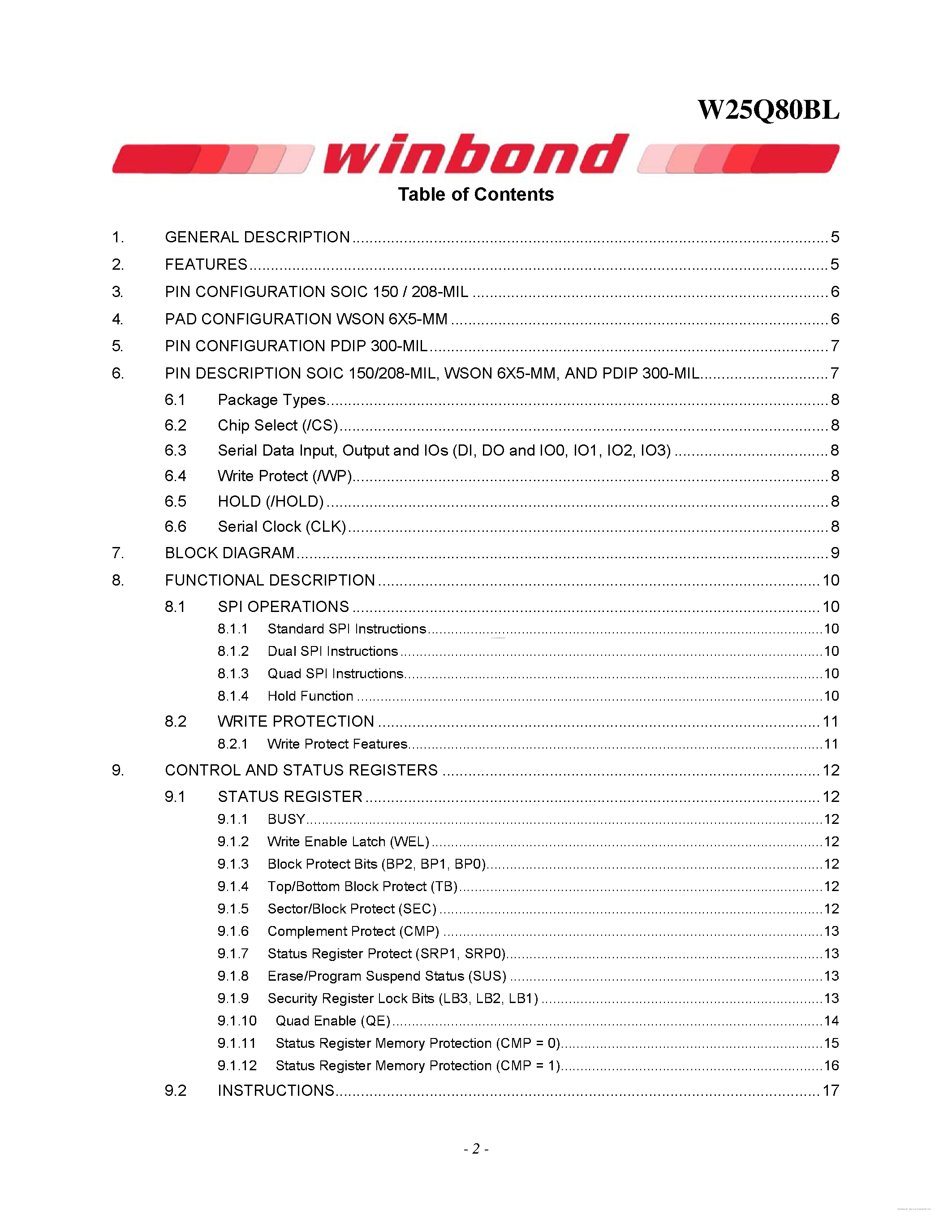 Datasheet W25Q80BL - 2.5V 8M-BIT SERIAL FLASH MEMORY page 2
