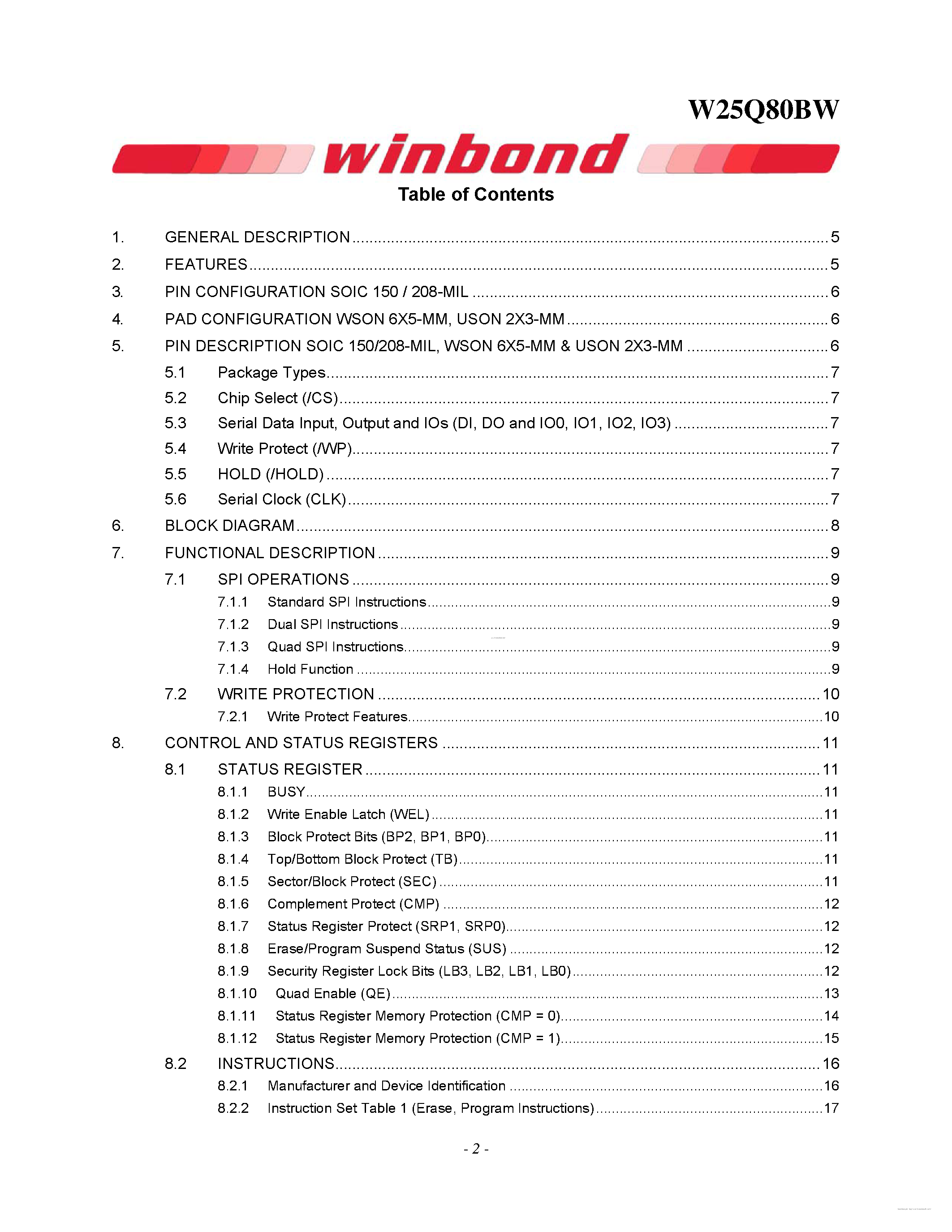 Datasheet W25Q80BW - 1.8V 8M-BIT SERIAL FLASH MEMORY page 2