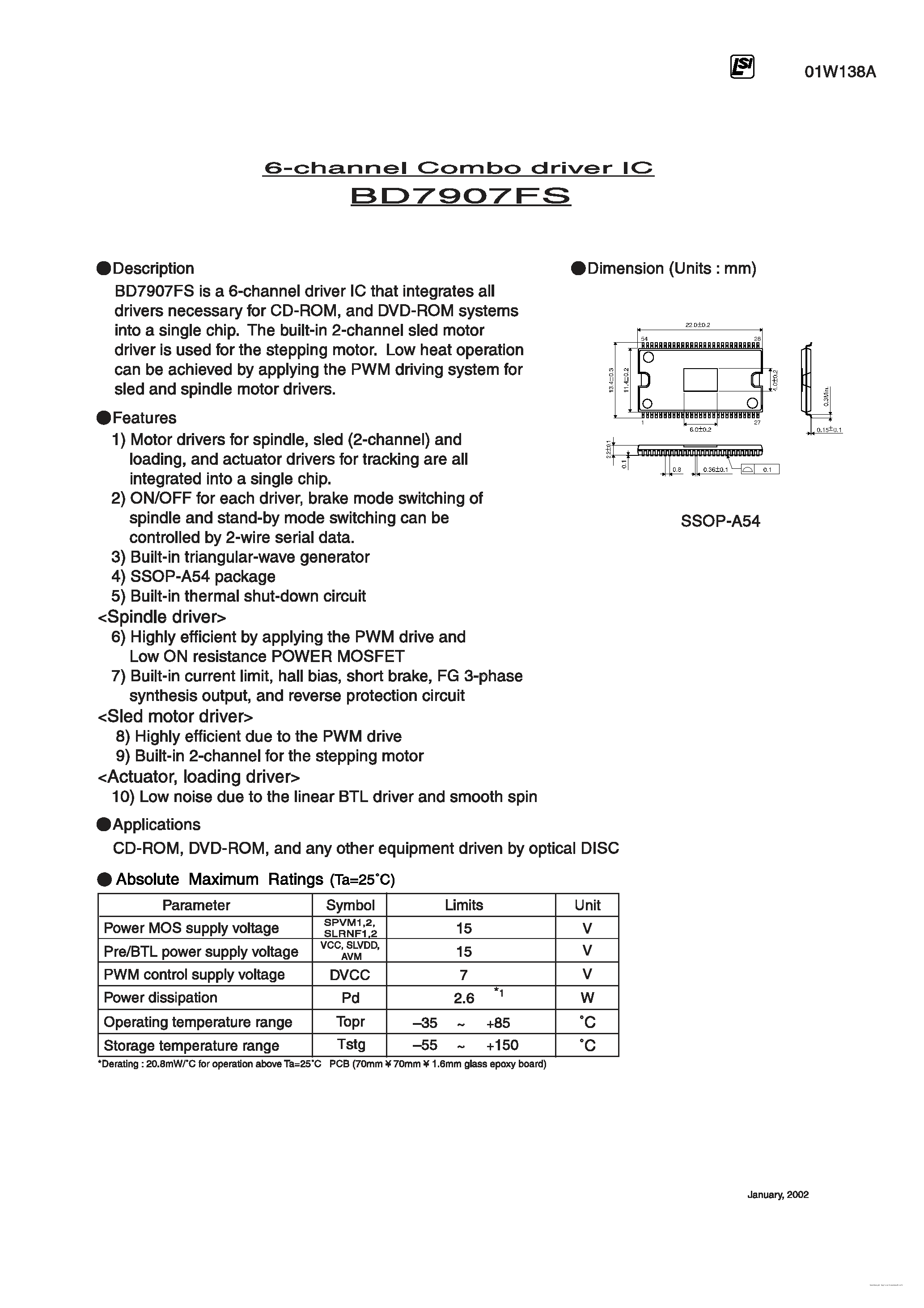 Datasheet BD7907FS - 6-channel Combo driver IC page 1