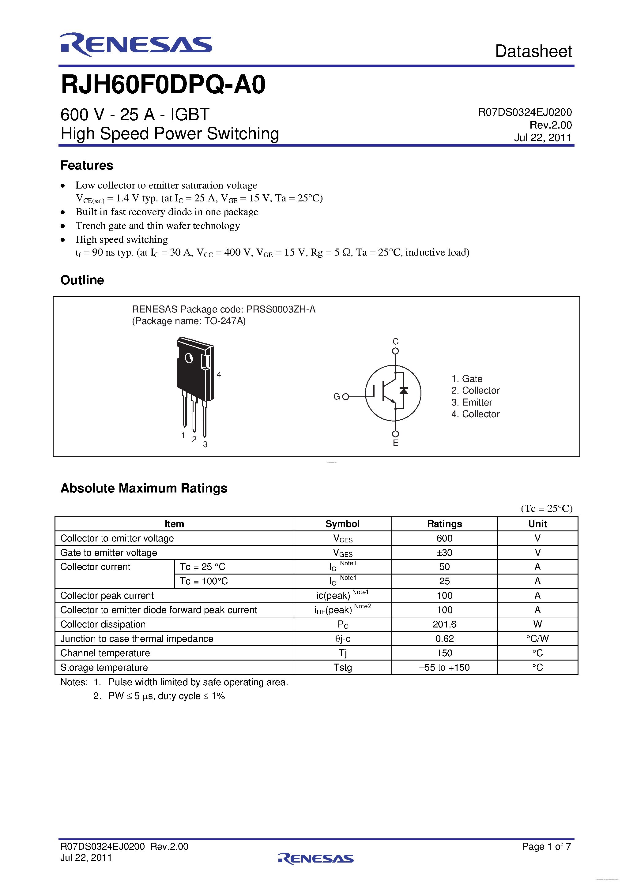 Datasheet RJH60F0DPQ-A0 page 1 Datasheet RJH60F0DPQ-A0 - High Speed Power Switching page 1