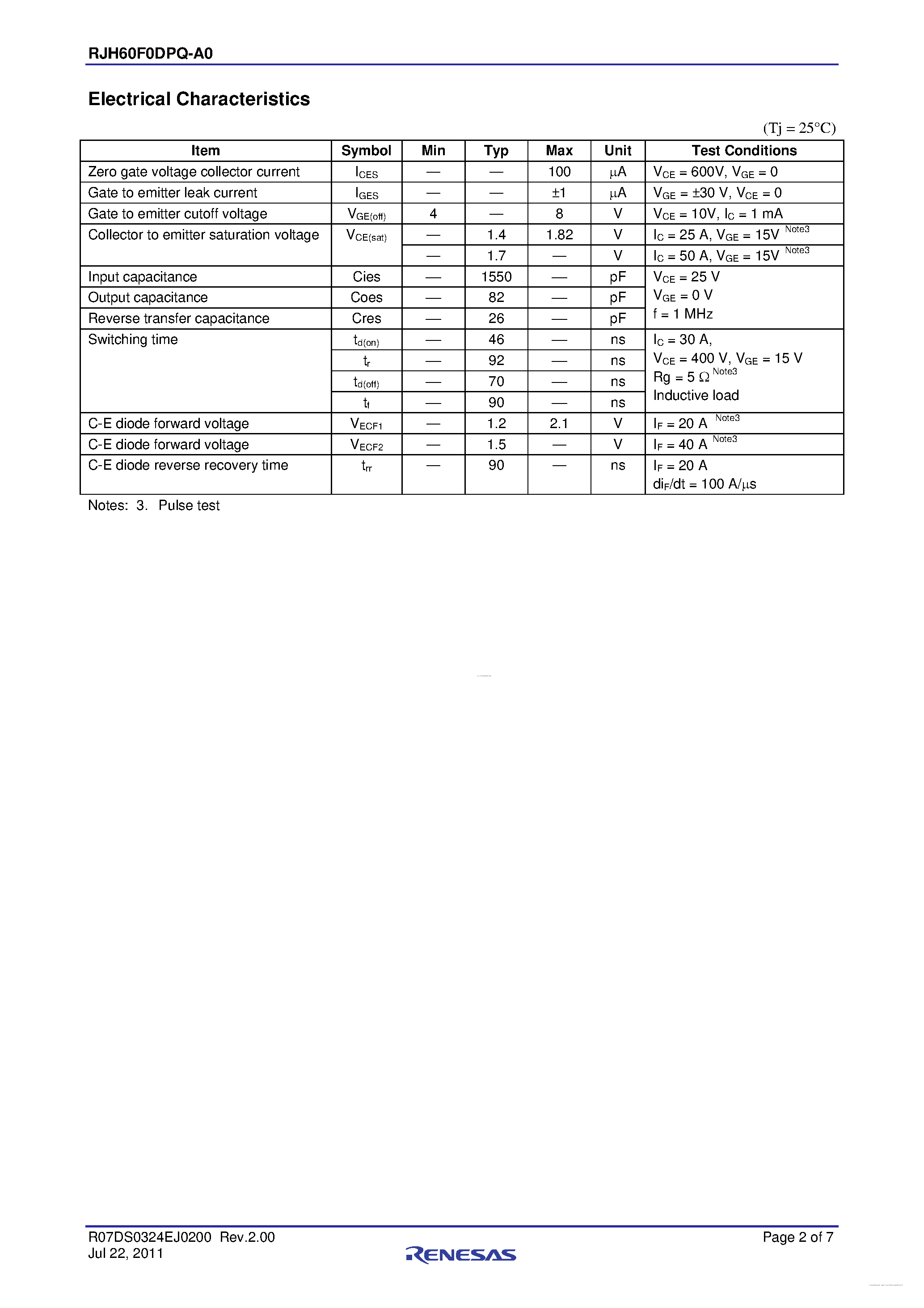Datasheet RJH60F0DPQ-A0 page 2 Datasheet RJH60F0DPQ-A0 - High Speed Power Switching page 2