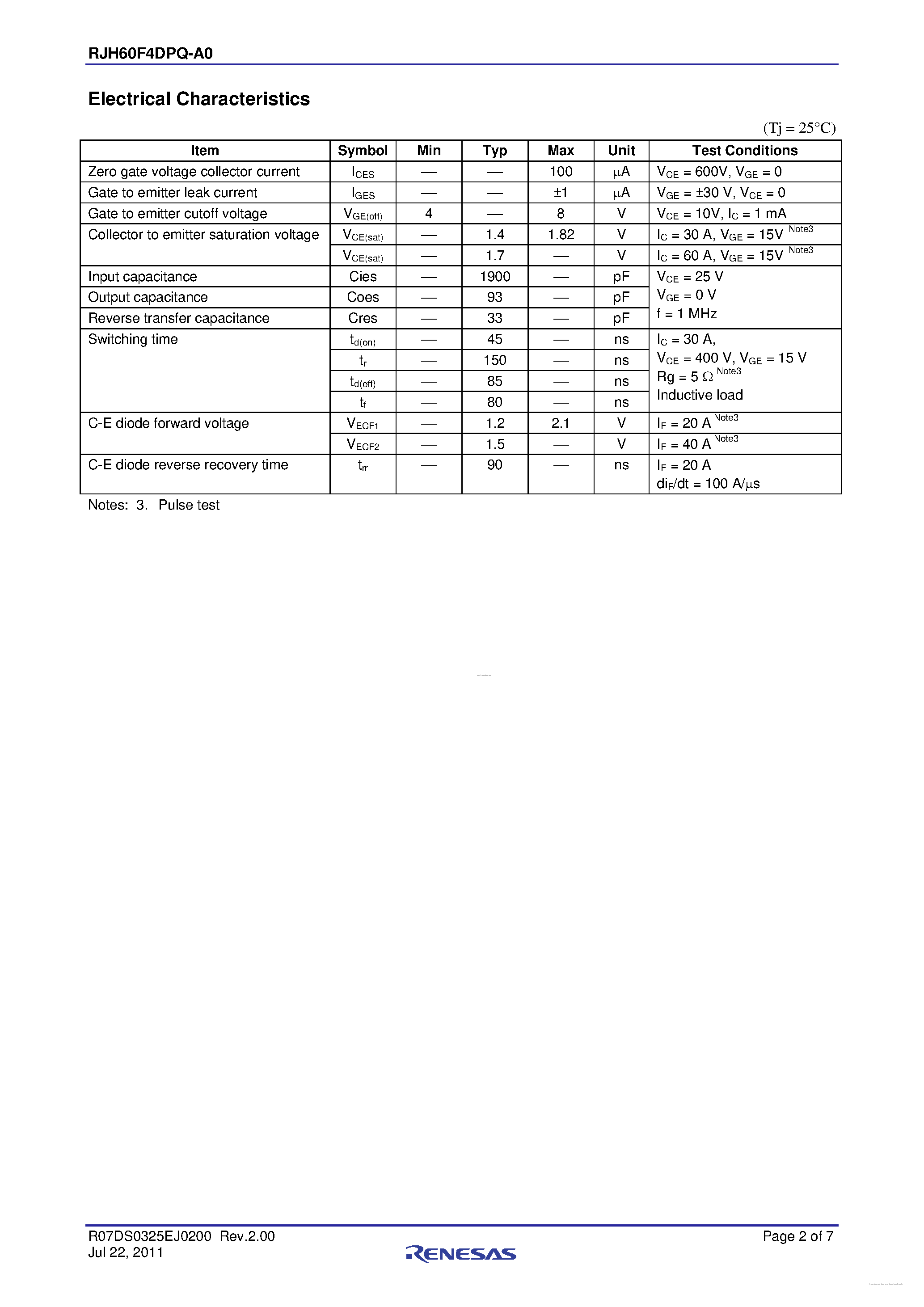 Datasheet RJH60F4DPQ-A0 page 2 Datasheet RJH60F4DPQ-A0 - High Speed Power Switching page 2
