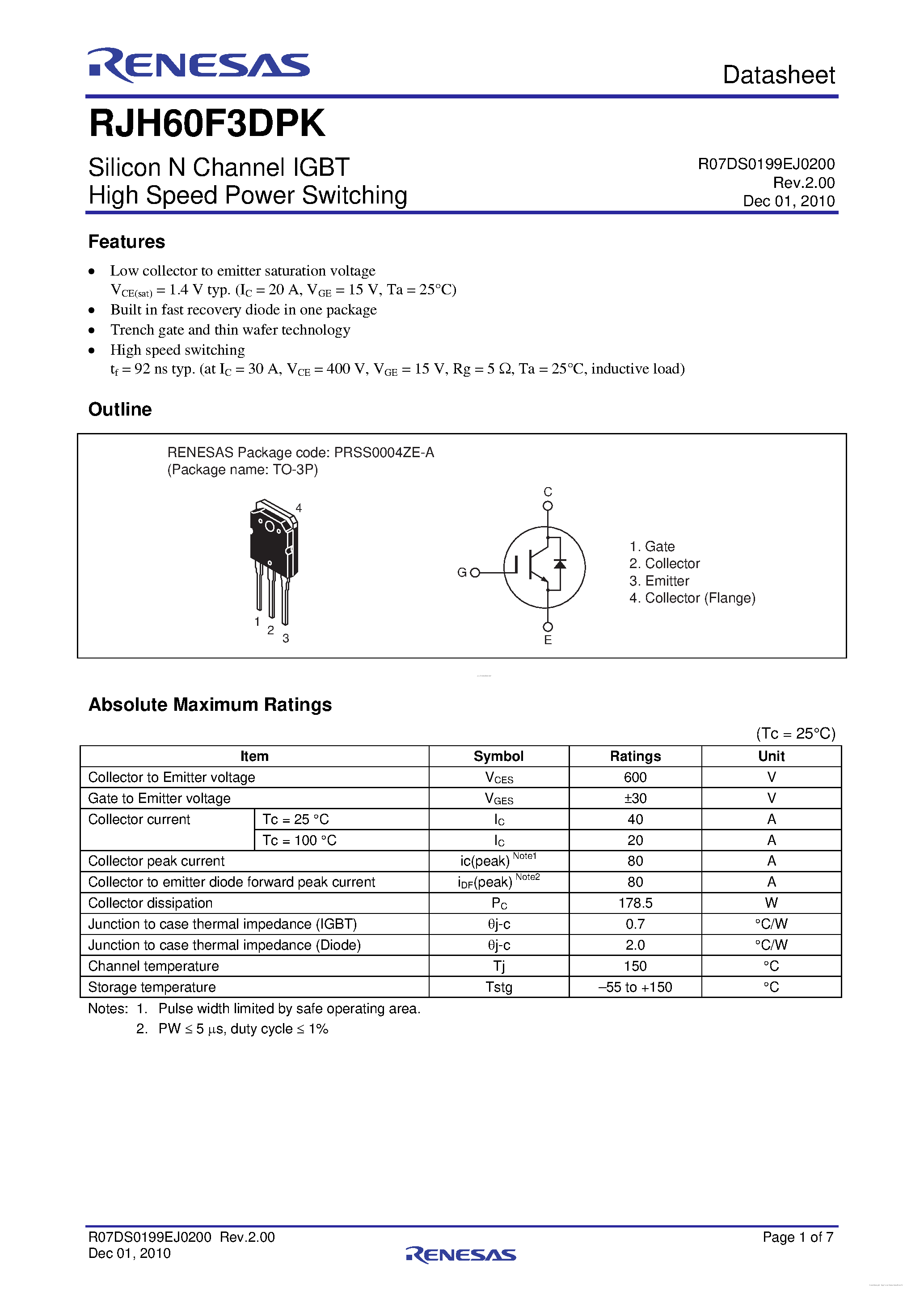 Datasheet RJH60F3DPK page 1 Datasheet RJH60F3DPK - High Speed Power Switching page 1