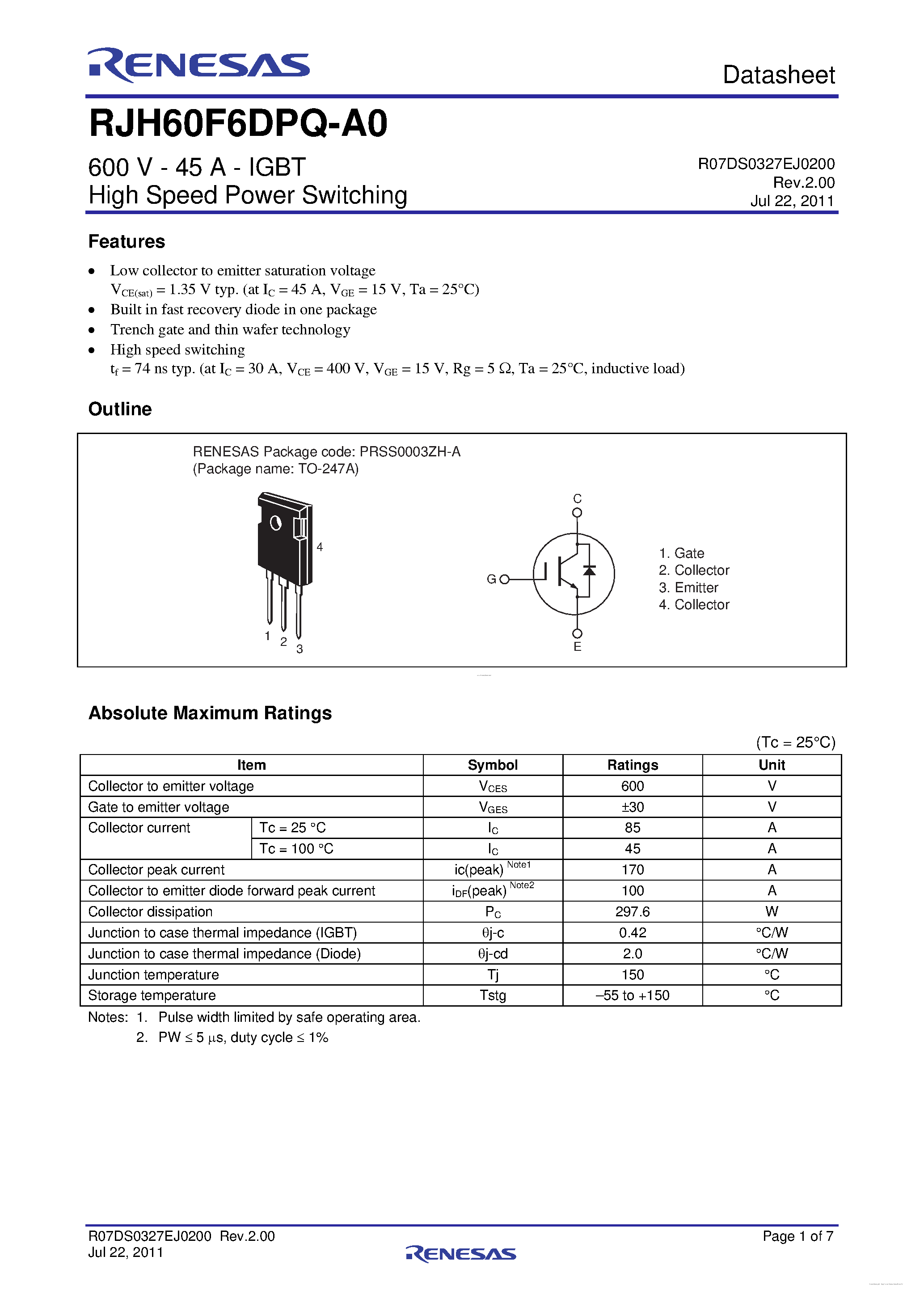 Datasheet RJH60F6DPQ-A0 page 1 Datasheet RJH60F6DPQ-A0 - High Speed Power Switching page 1