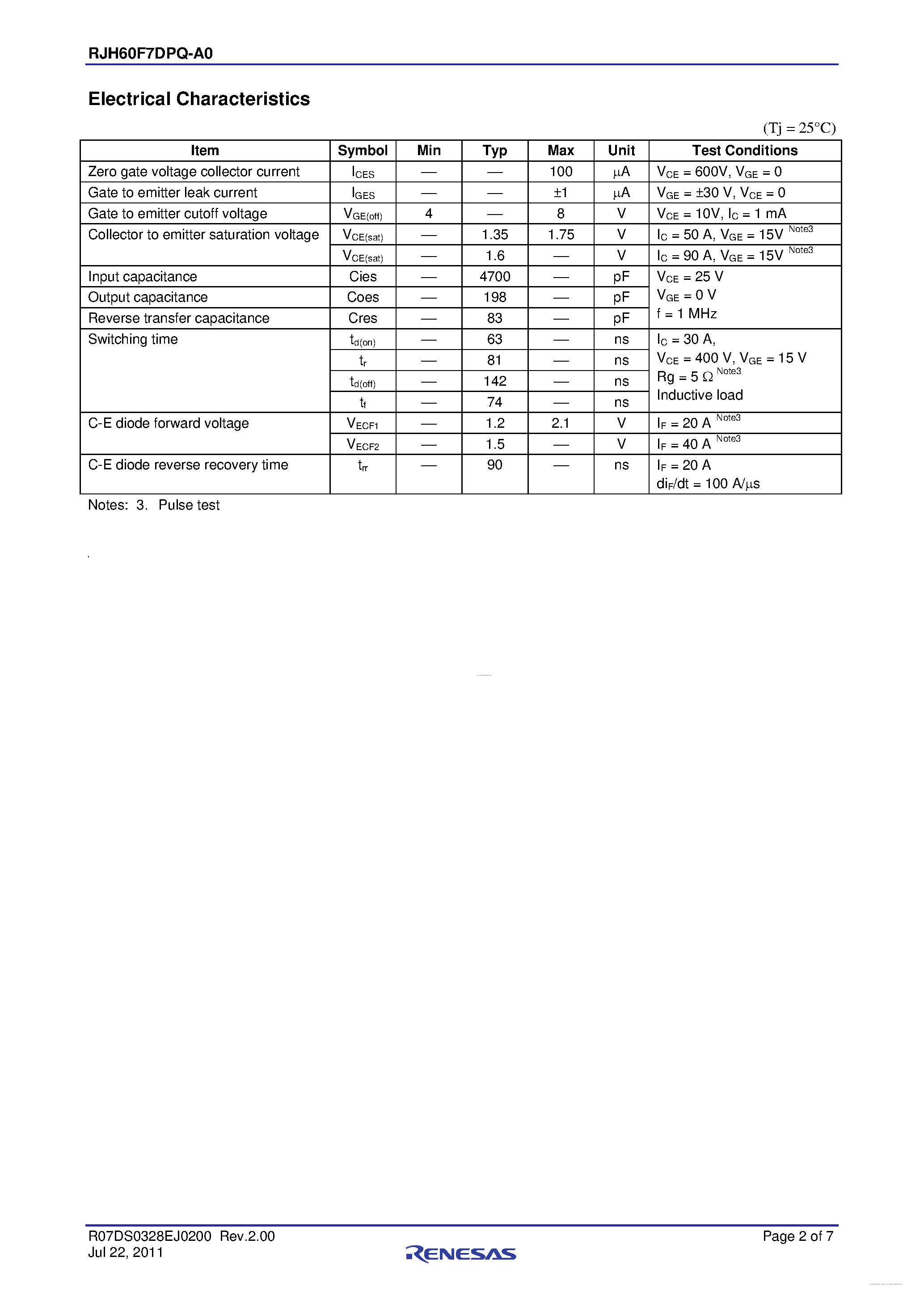 Datasheet RJH60F7DPQ-A0 page 2 Datasheet RJH60F7DPQ-A0 - High Speed Power Switching page 2
