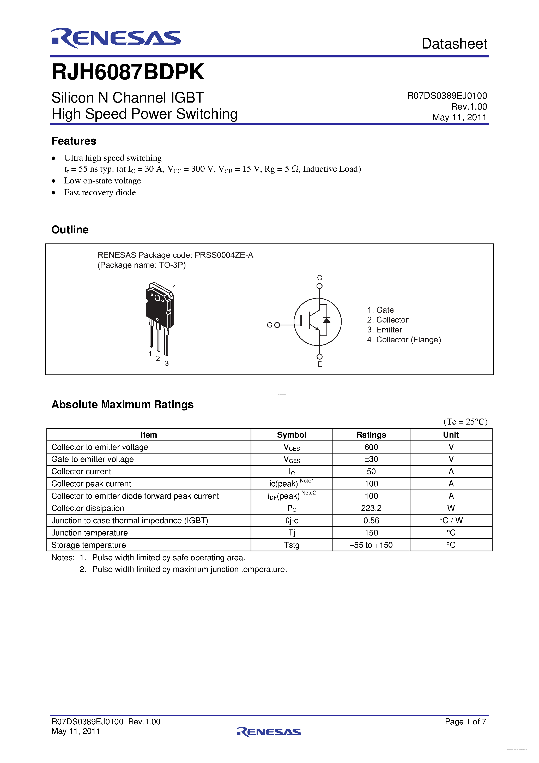 Datasheet RJH6087BDPK page 1 Datasheet RJH6087BDPK - High Speed Power Switching page 1