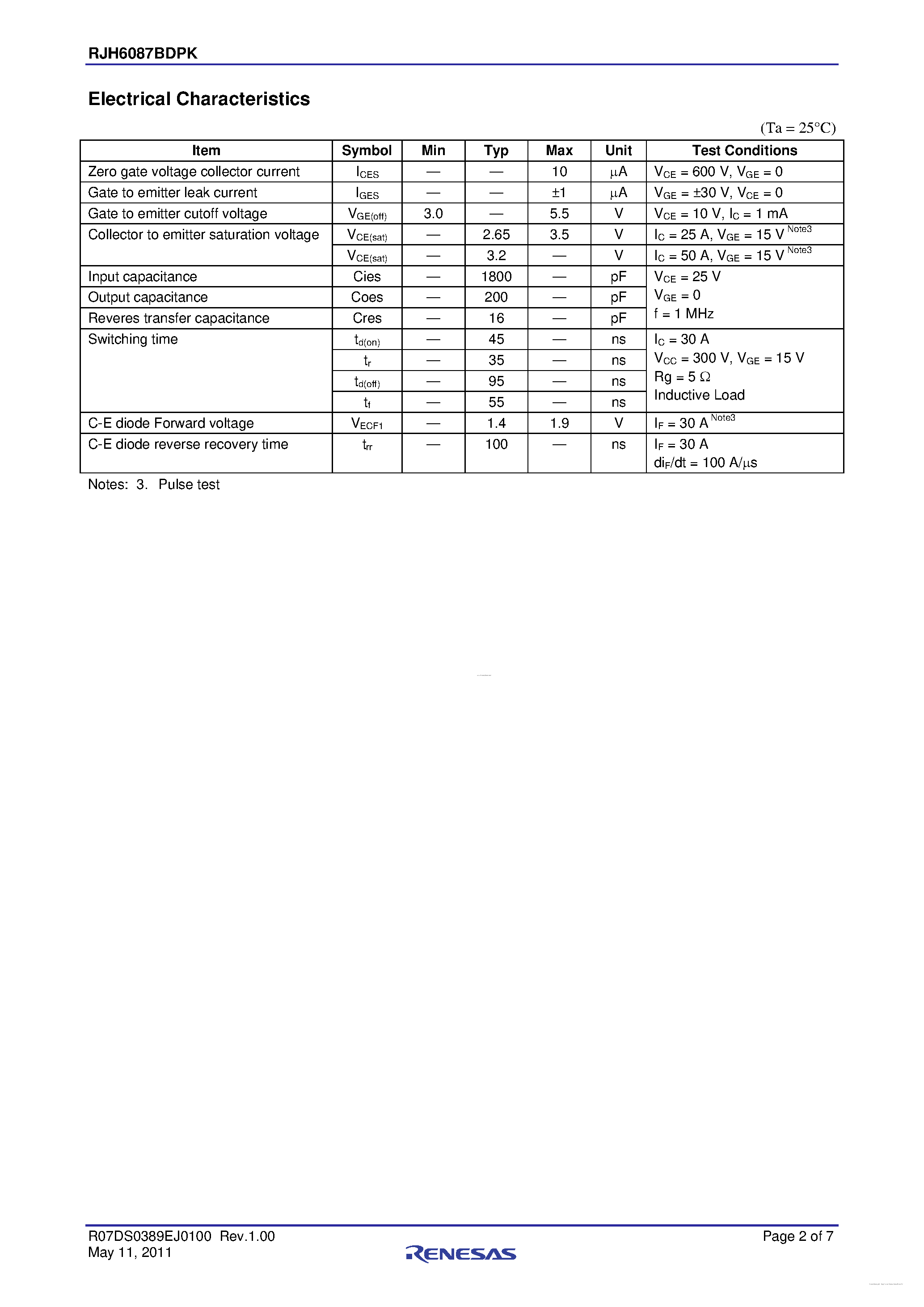 Datasheet RJH6087BDPK page 2 Datasheet RJH6087BDPK - High Speed Power Switching page 2
