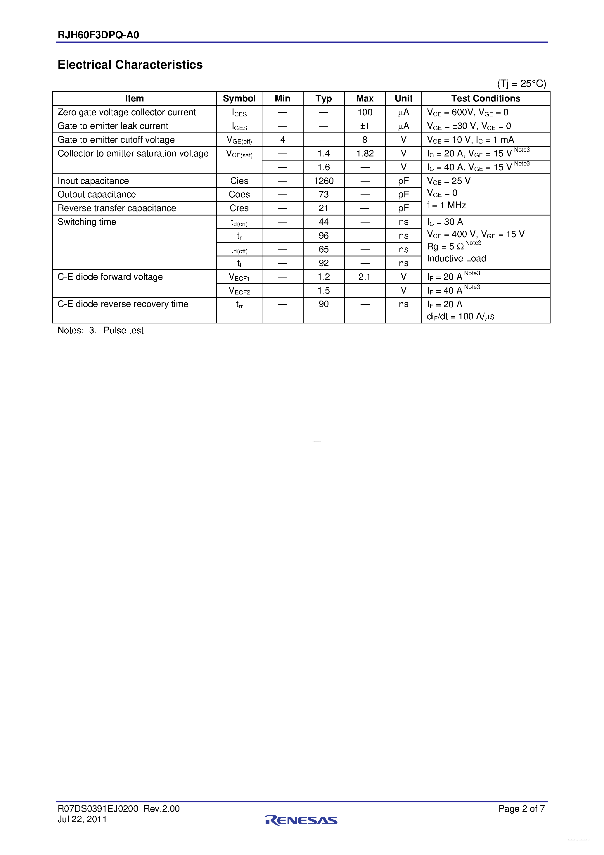 Datasheet RJH60F3DPQ-A0 page 2 Datasheet RJH60F3DPQ-A0 - High Speed Power Switching page 2