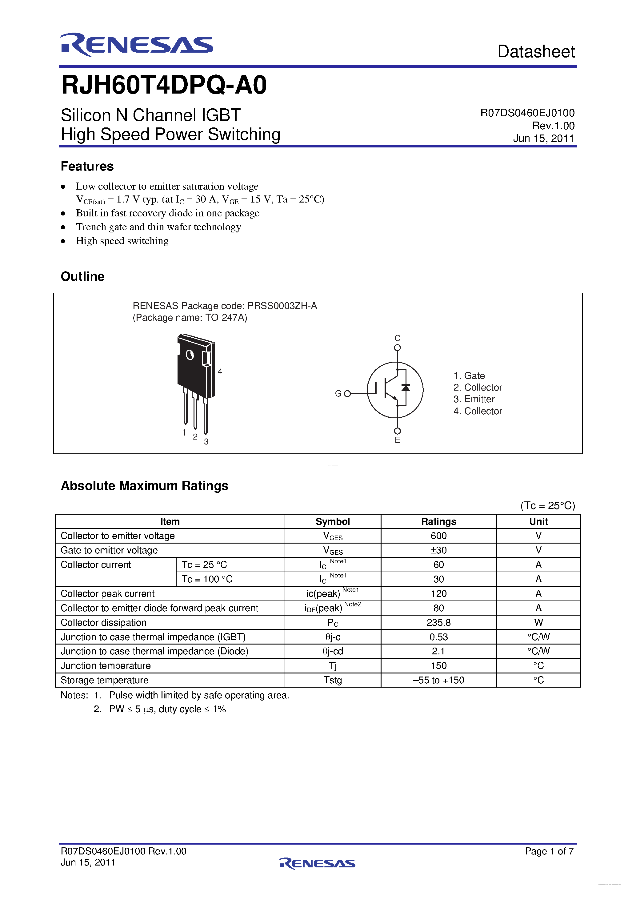 Datasheet RJH60T4DPQ-A0 page 1 Datasheet RJH60T4DPQ-A0 - High Speed Power Switching page 1
