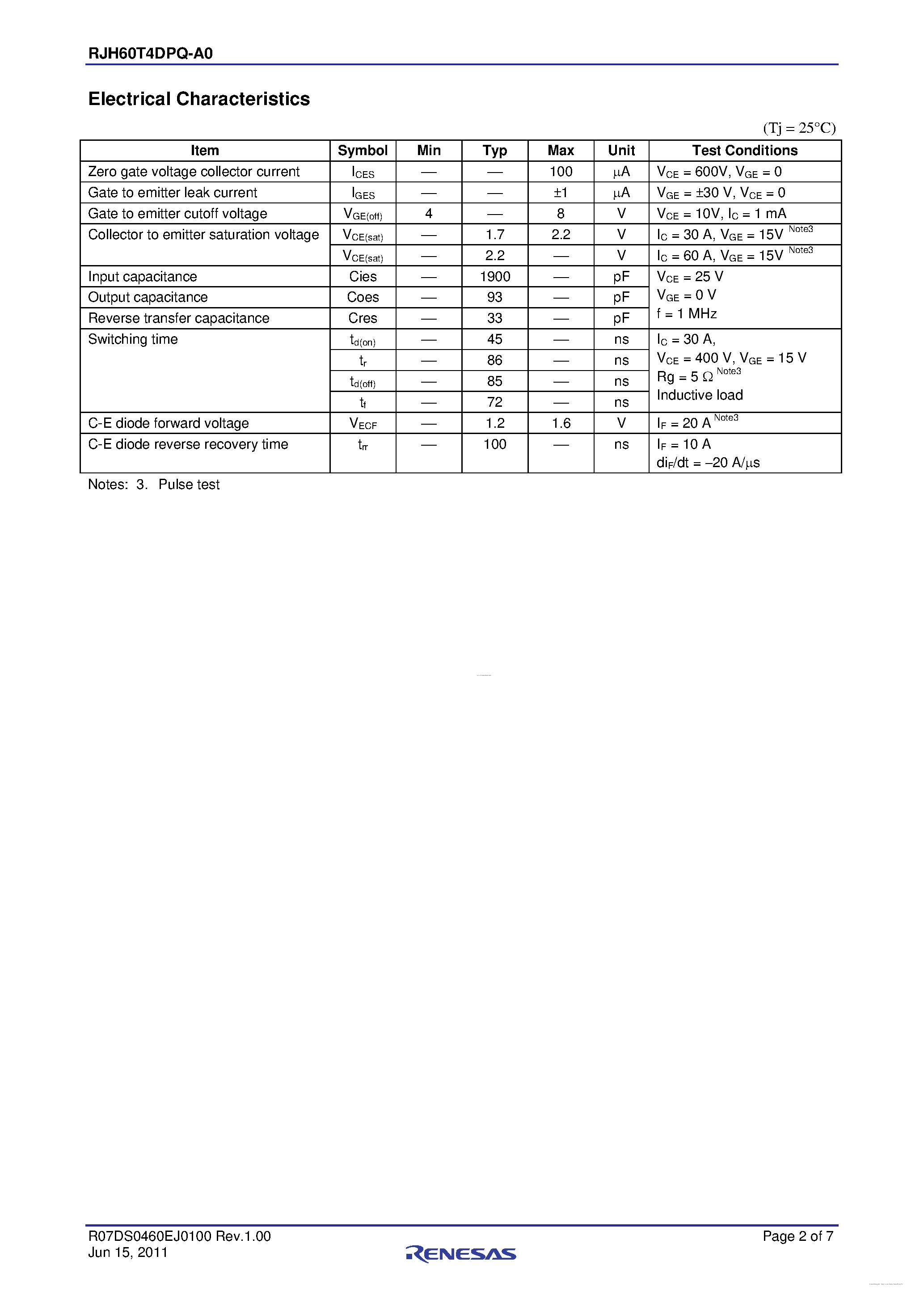 Datasheet RJH60T4DPQ-A0 page 2 Datasheet RJH60T4DPQ-A0 - High Speed Power Switching page 2