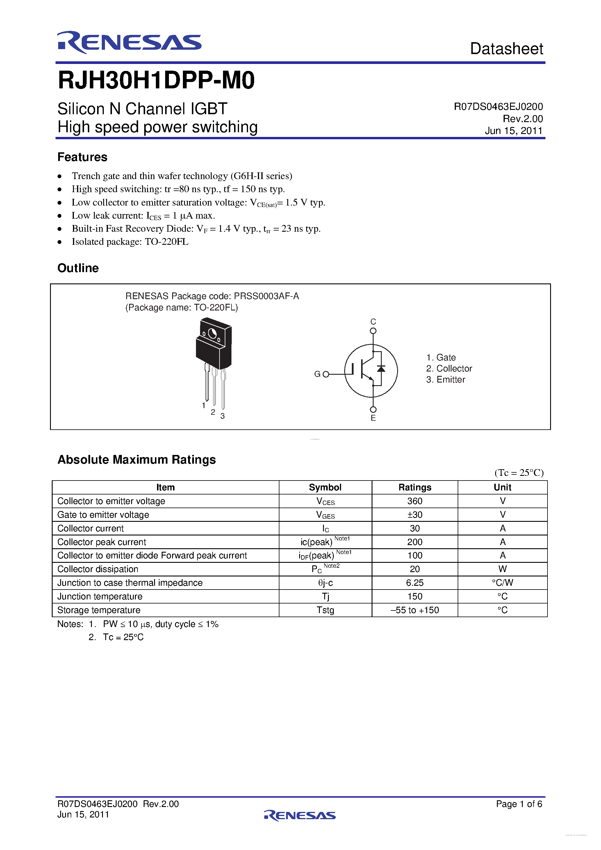 Datasheet RJH30H1DPP-M0 page 1 Datasheet RJH30H1DPP-M0 - High Speed Power Switching page 1
