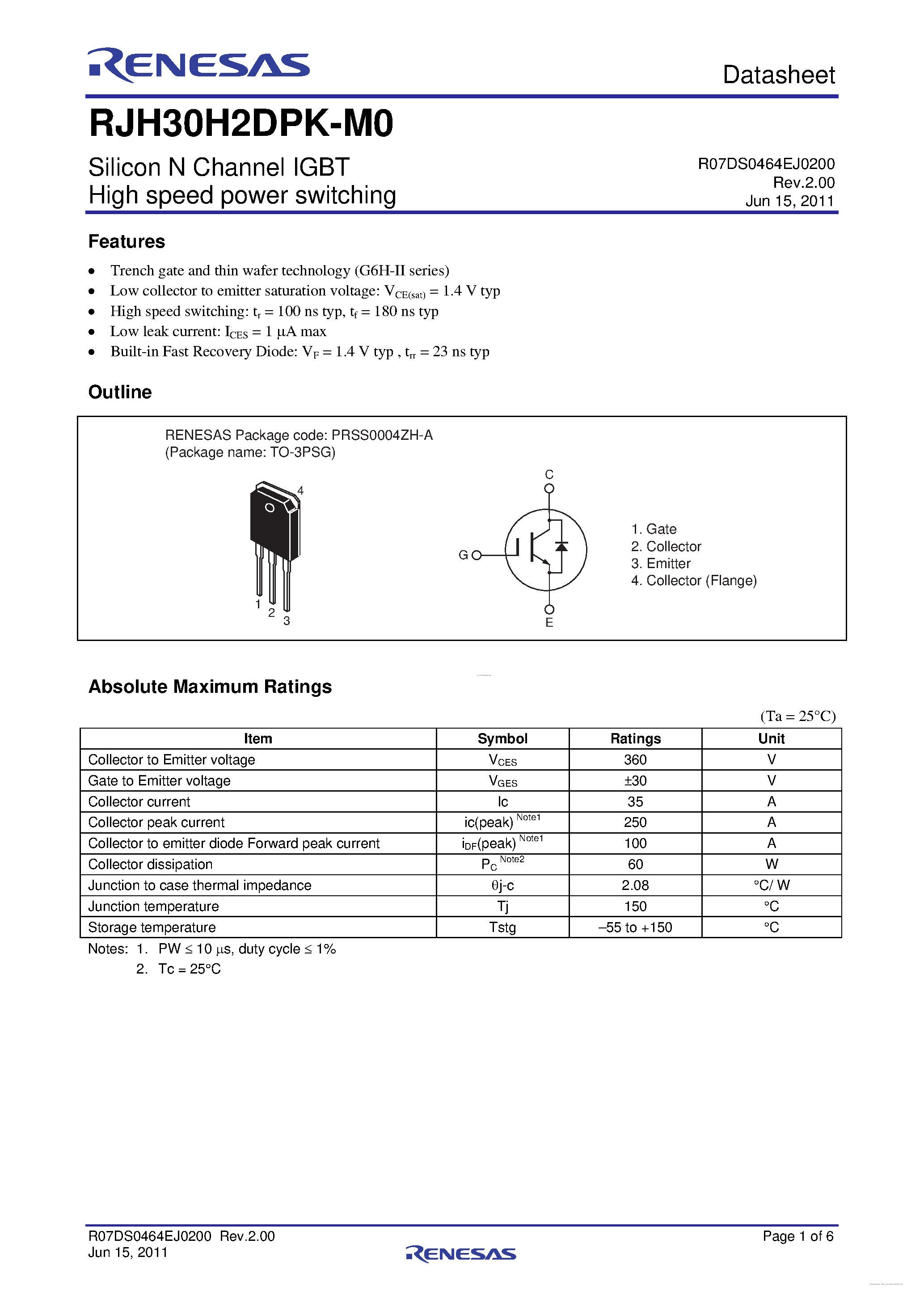 Datasheet RJH30H2DPK-M0 page 1 Datasheet RJH30H2DPK-M0 - High Speed Power Switching page 1