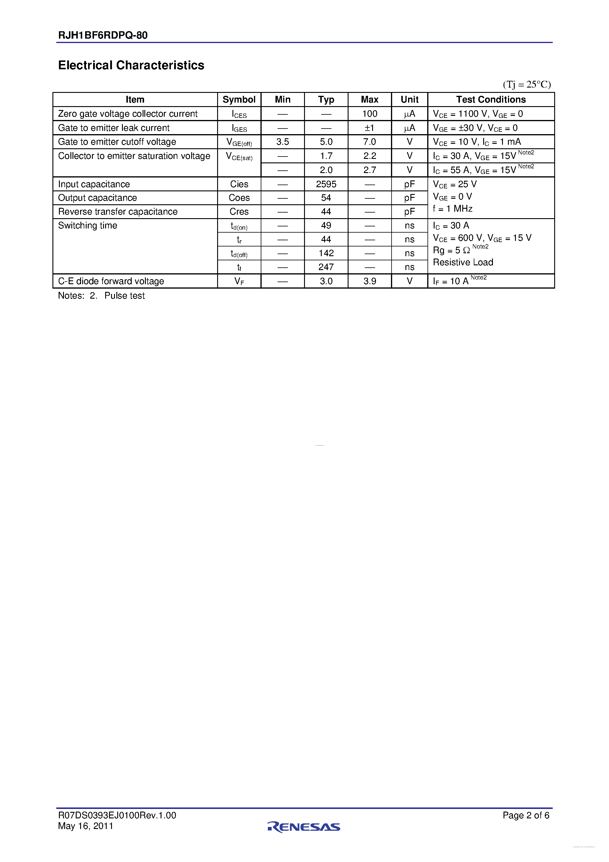Datasheet RJH1BF6RDPQ-80 page 2 Datasheet RJH1BF6RDPQ-80 - High Speed Power Switching page 2