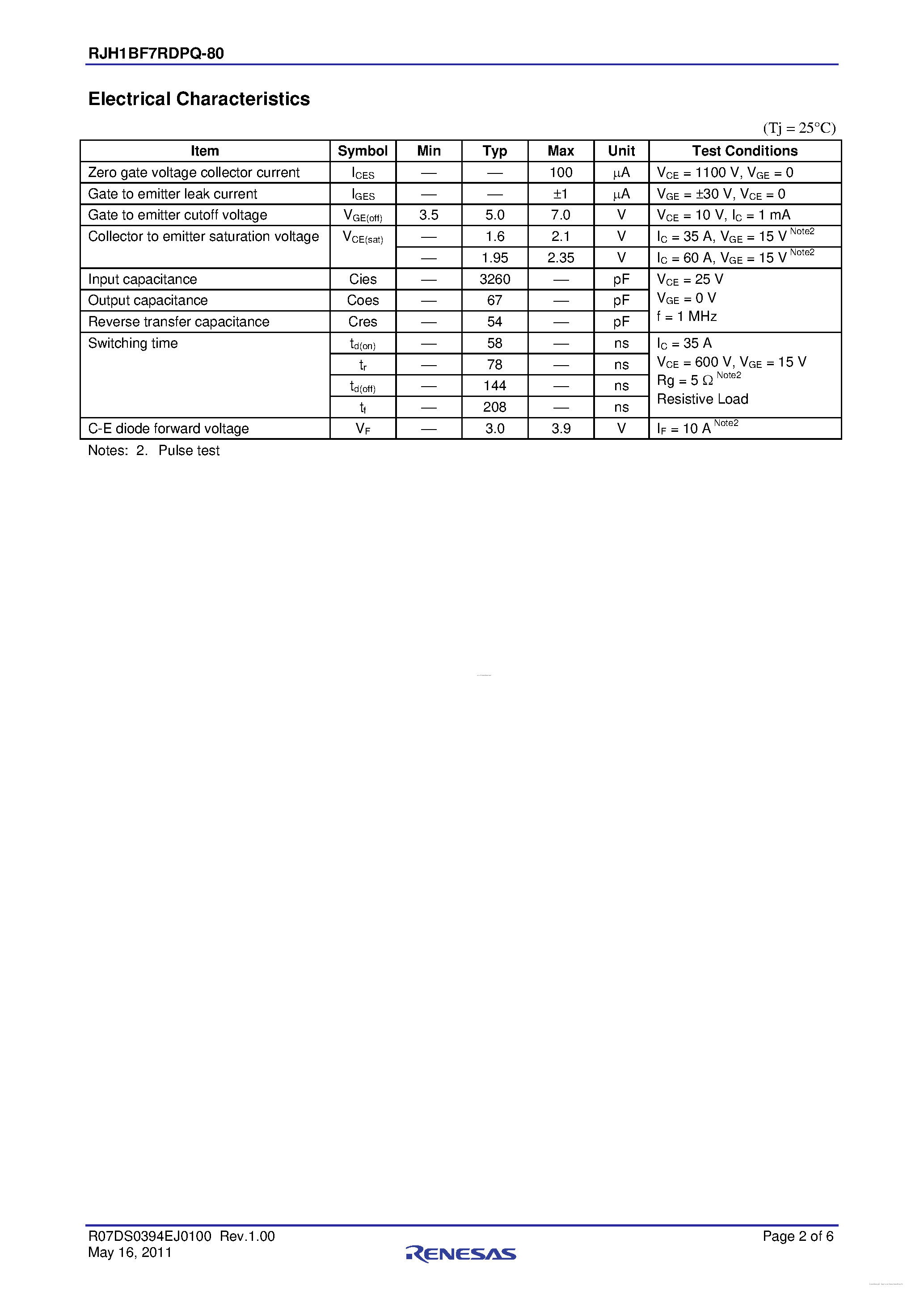 Datasheet RJH1BF7RDPQ-80 page 2 Datasheet RJH1BF7RDPQ-80 - High Speed Power Switching page 2