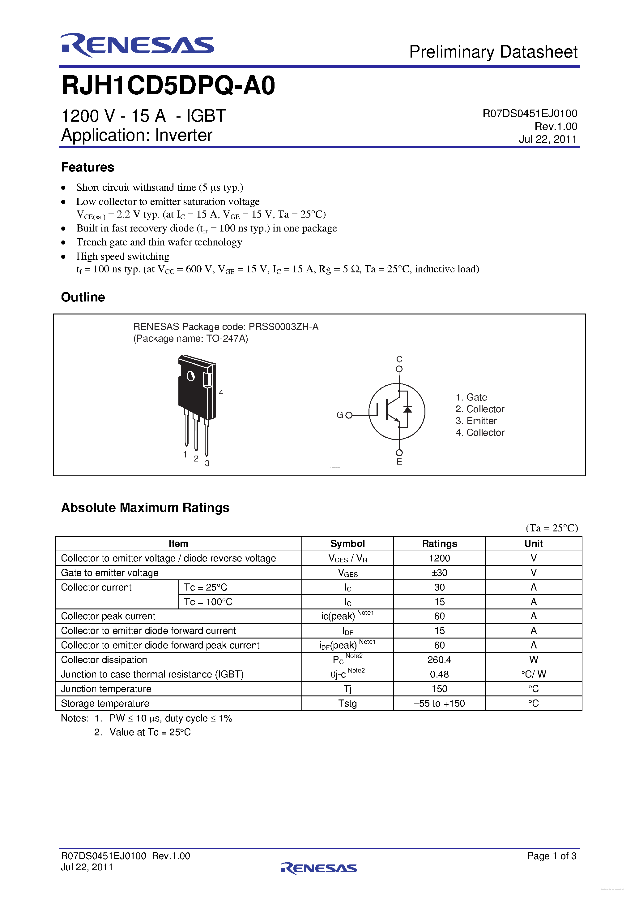 Datasheet RJH1CD5DPQ-A0 page 1 Datasheet RJH1CD5DPQ-A0 - High Speed Power Switching page 1