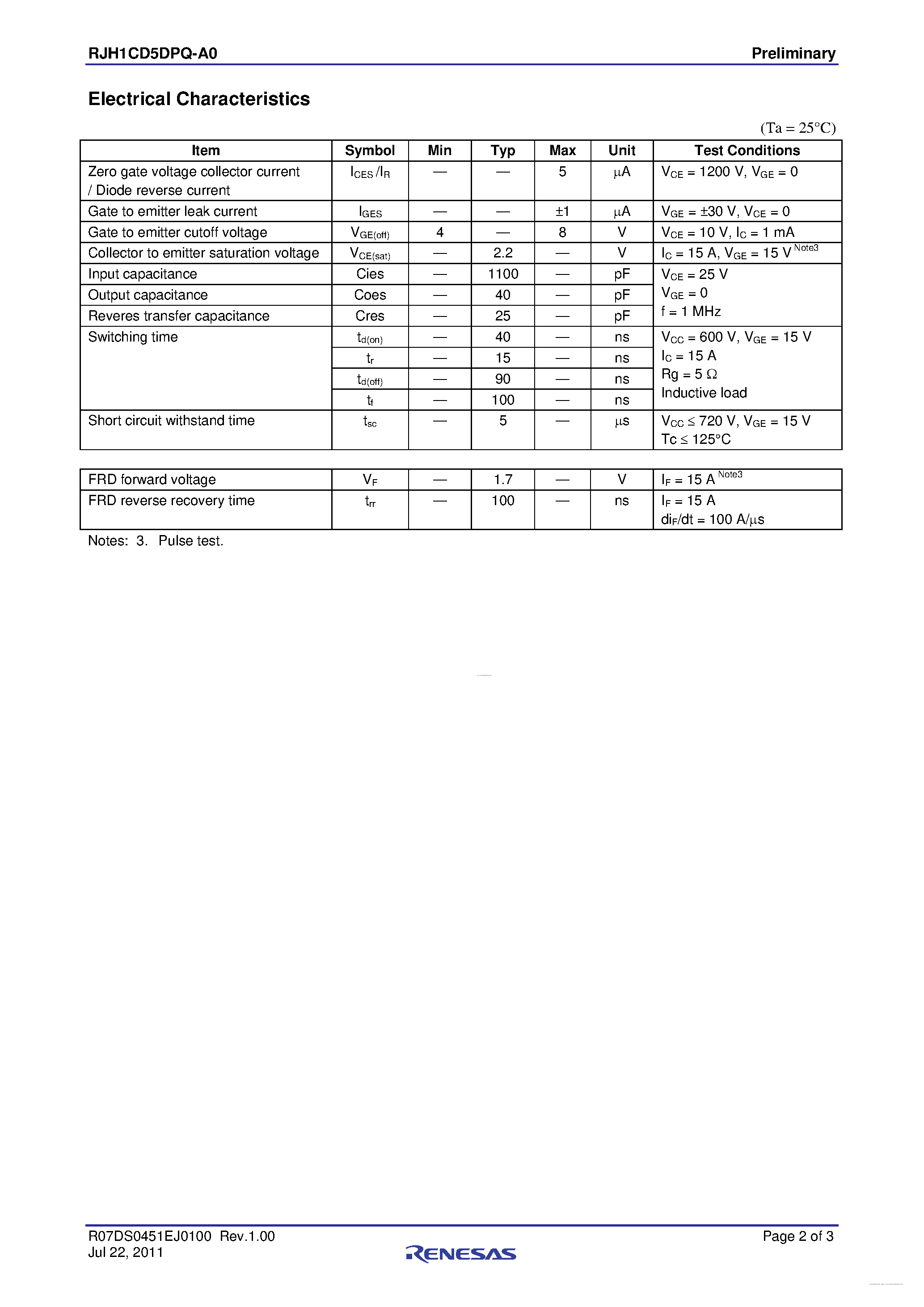 Datasheet RJH1CD5DPQ-A0 page 2 Datasheet RJH1CD5DPQ-A0 - High Speed Power Switching page 2