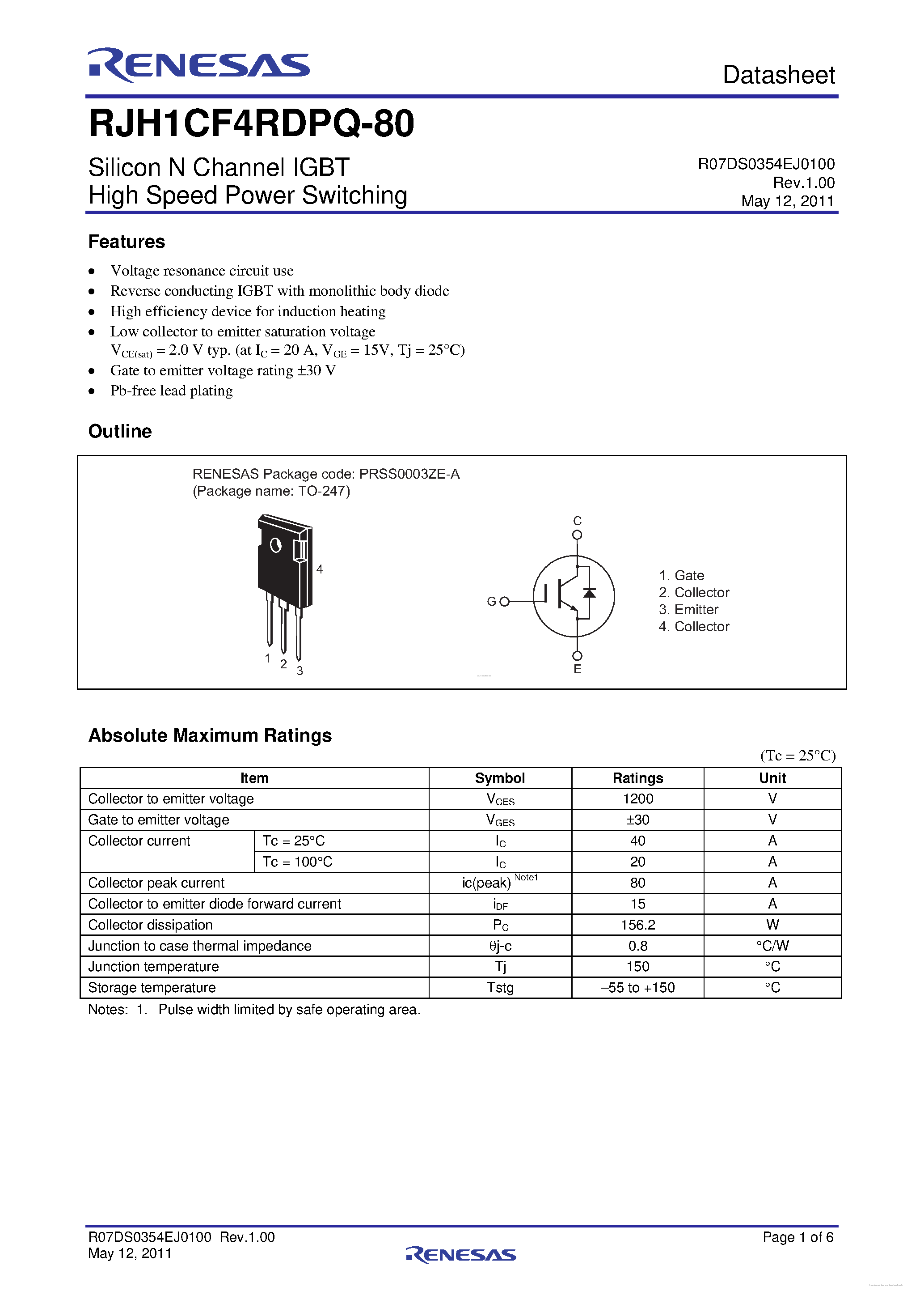 Datasheet RJH1CF4RDPQ-80 page 1 Datasheet RJH1CF4RDPQ-80 - High Speed Power Switching page 1