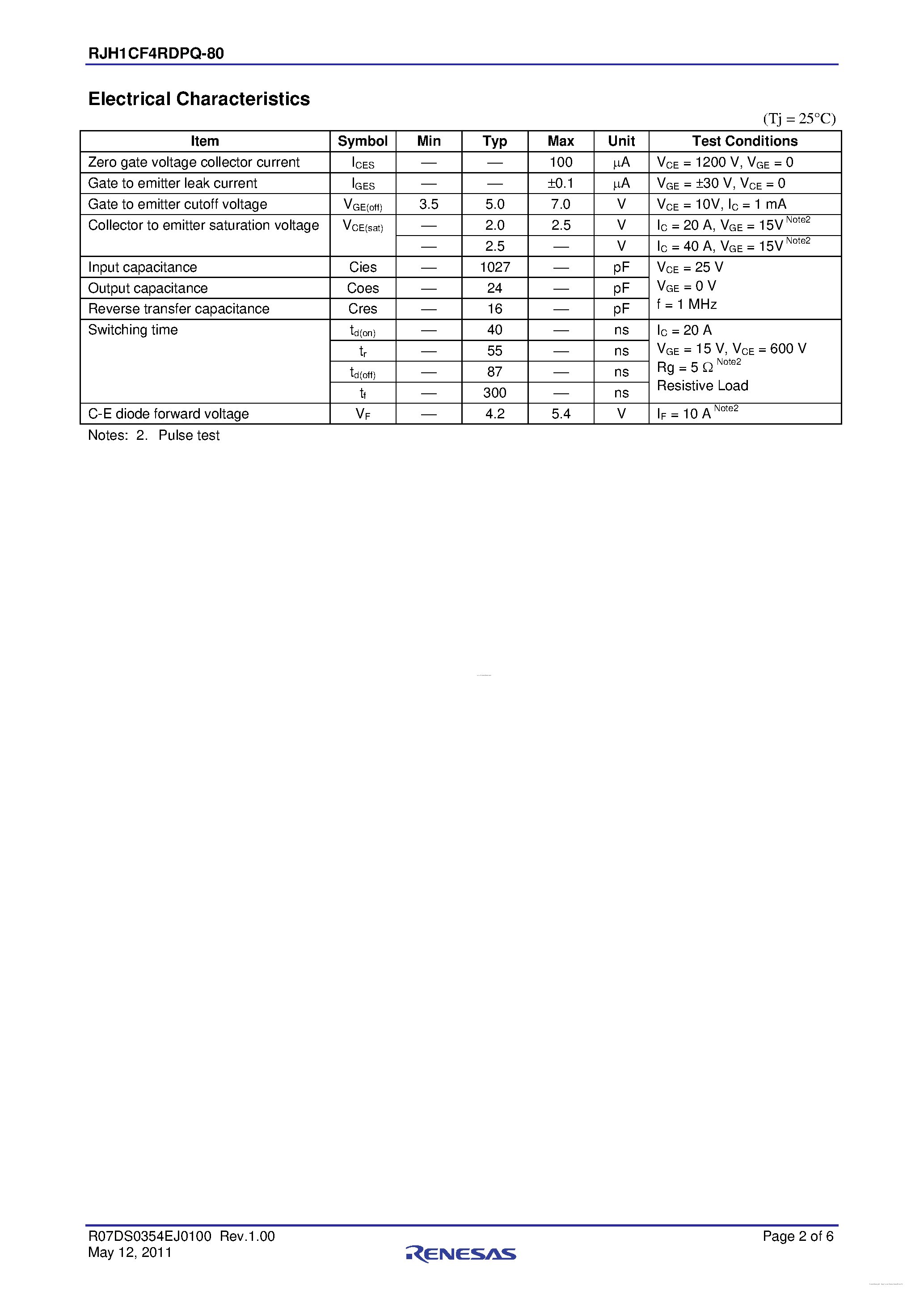 Datasheet RJH1CF4RDPQ-80 page 2 Datasheet RJH1CF4RDPQ-80 - High Speed Power Switching page 2