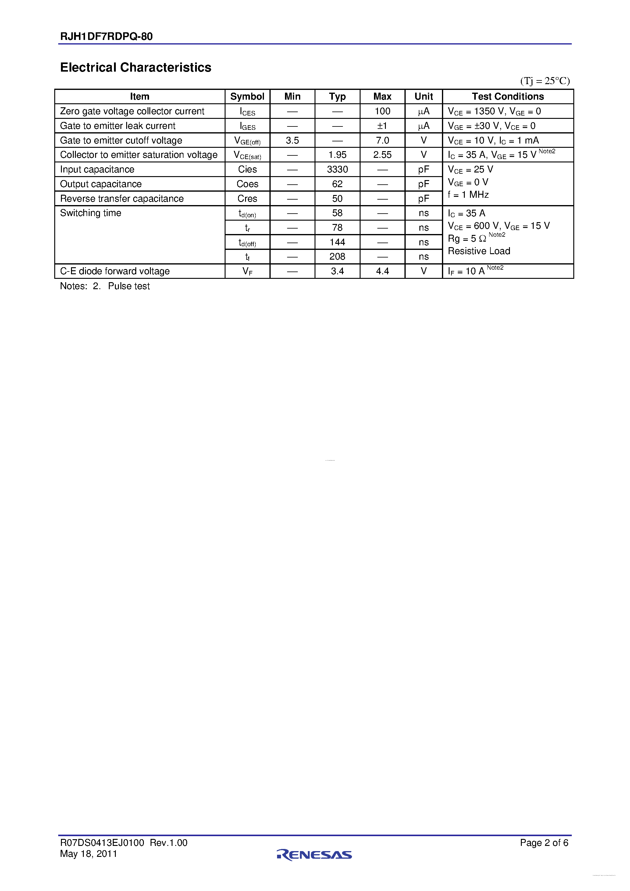Datasheet RJH1DF7RDPQ-80 page 2 Datasheet RJH1DF7RDPQ-80 - High Speed Power Switching page 2