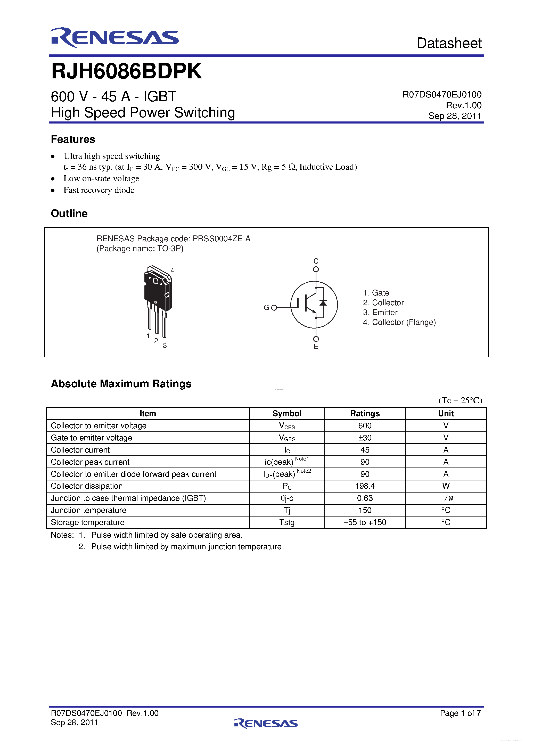 Datasheet RJH6086BDPK page 1 Datasheet RJH6086BDPK - High Speed Power Switching page 1