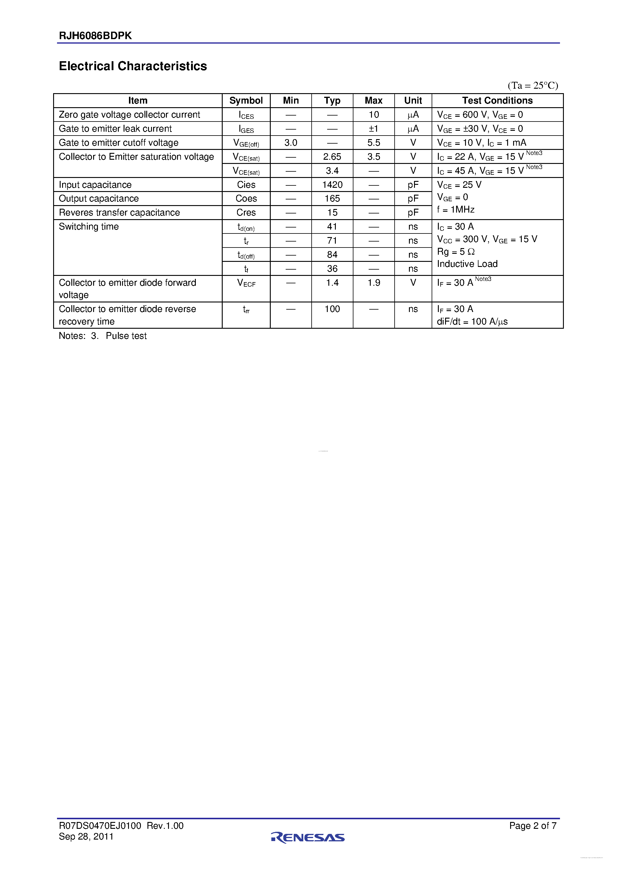 Datasheet RJH6086BDPK page 2 Datasheet RJH6086BDPK - High Speed Power Switching page 2