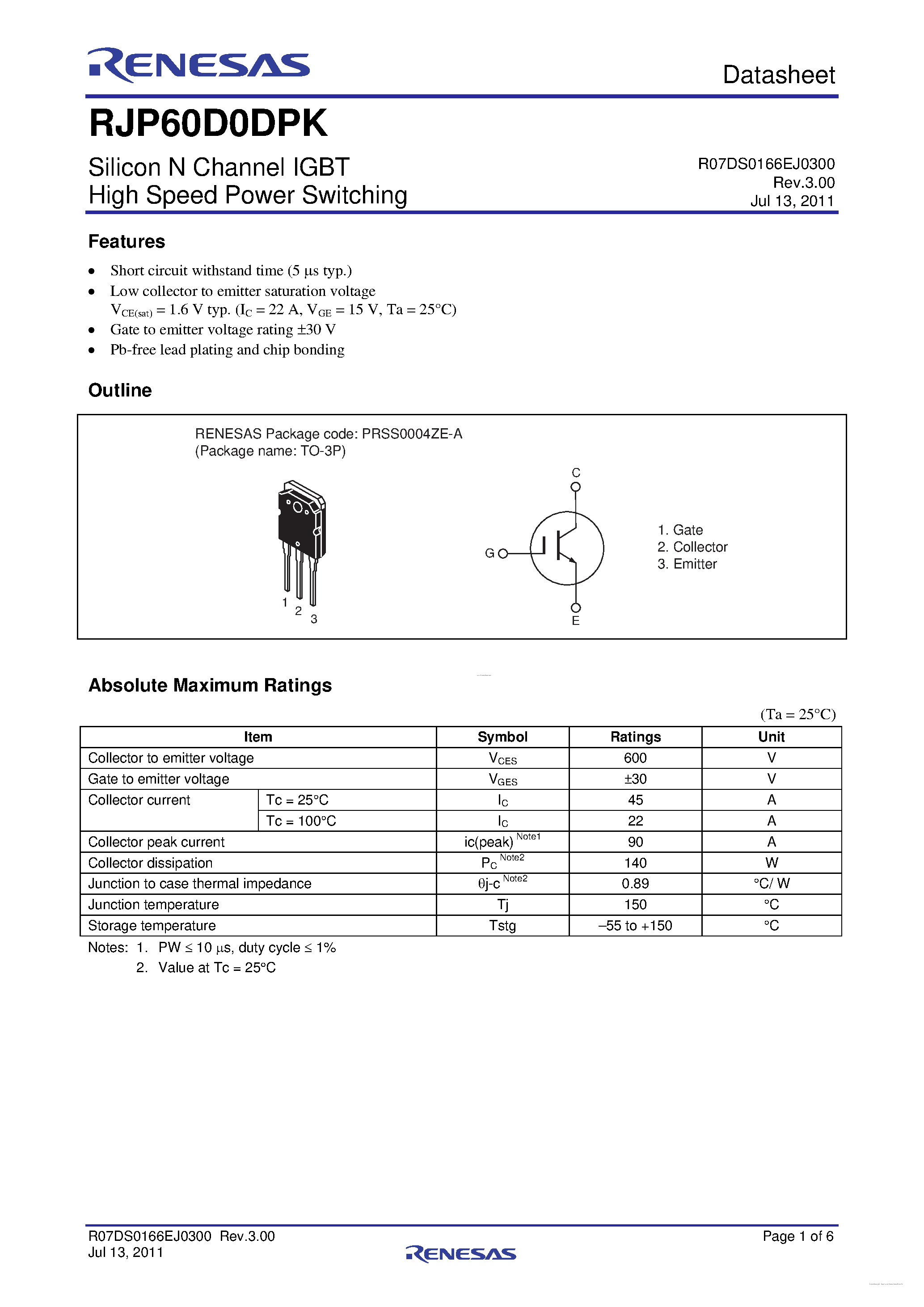 Datasheet RJP60D0DPK - Silicon N Channel IGBT page 1