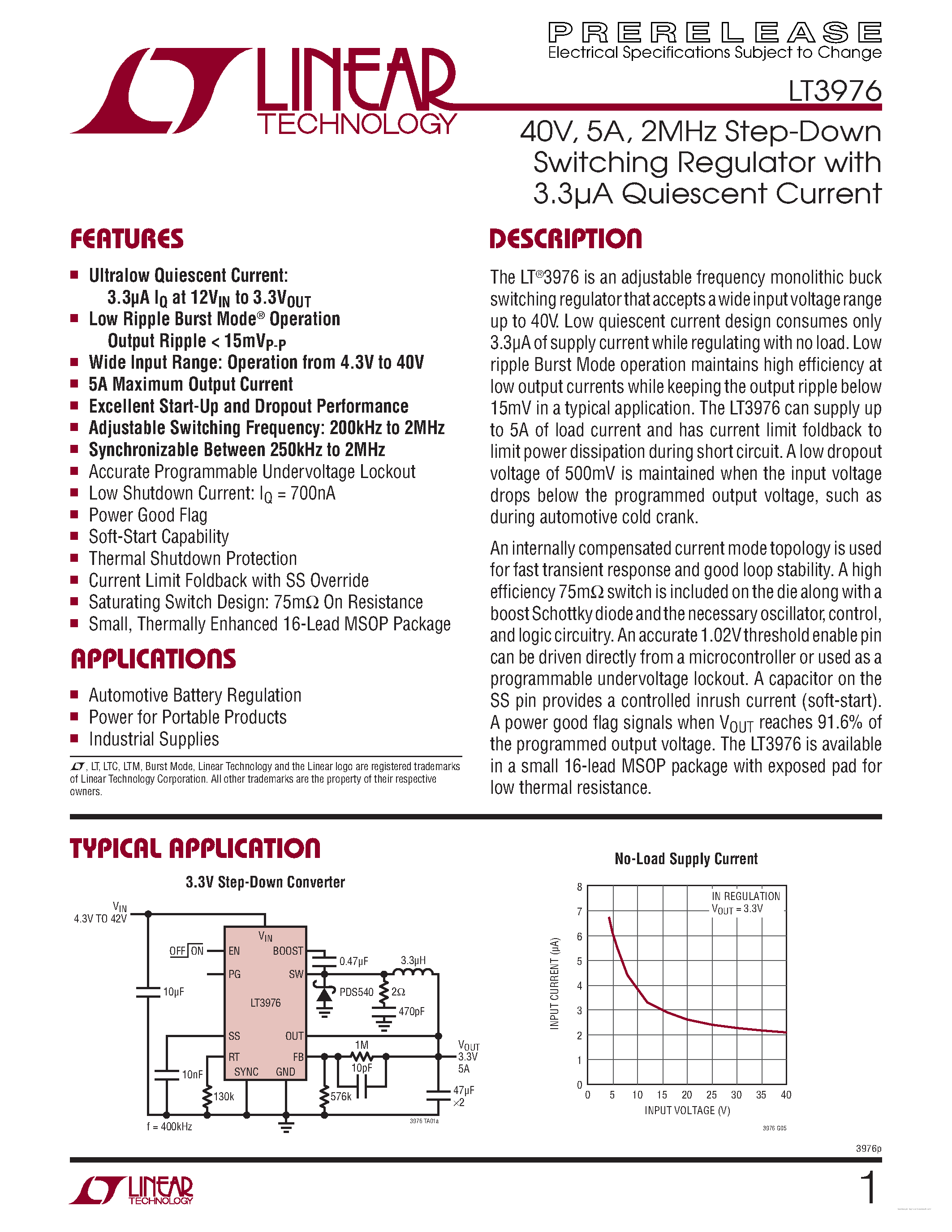 Datasheet LT3976 page 1 Datasheet LT3976 - 2MHz Step-Down Switching Regulator page 1