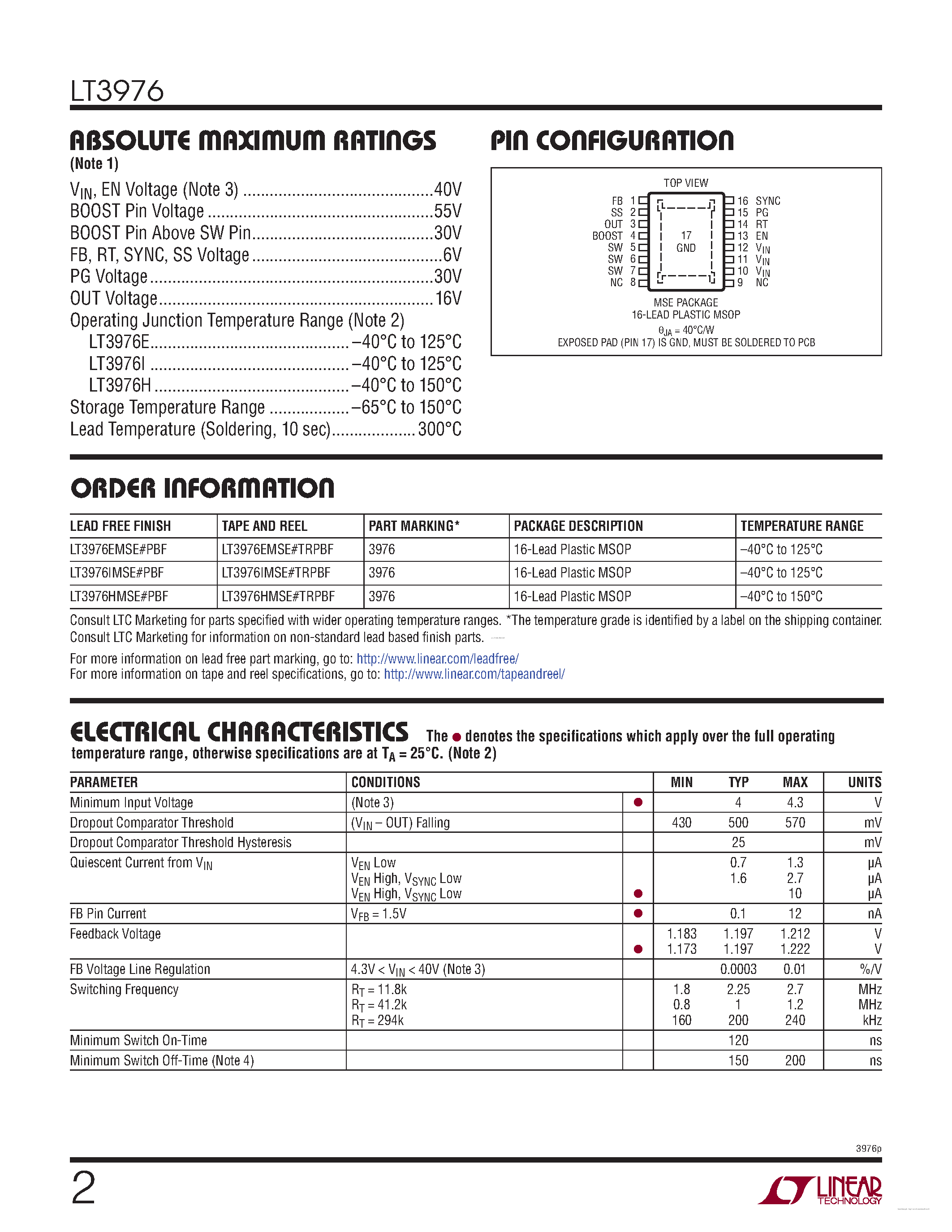 Datasheet LT3976 page 2 Datasheet LT3976 - 2MHz Step-Down Switching Regulator page 2