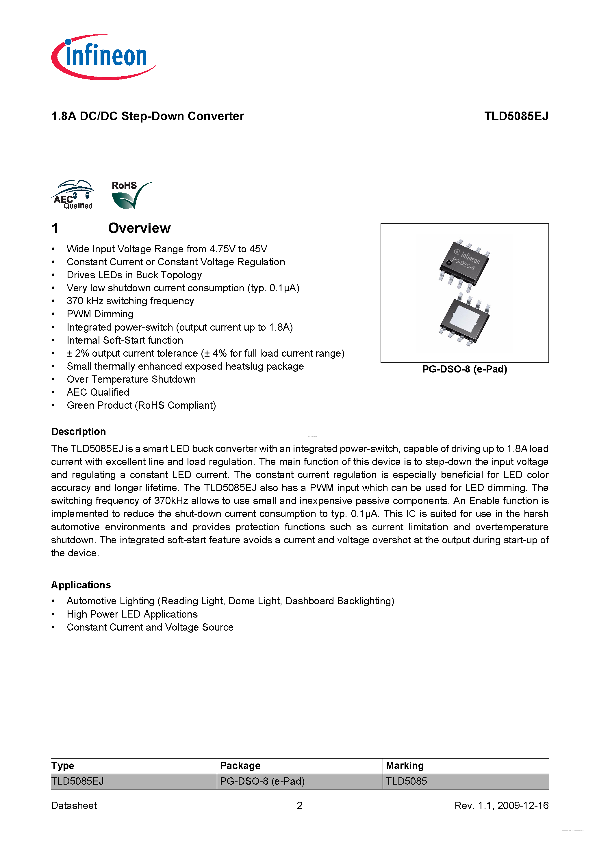 Datasheet TLD5085EJ - 1.8A DC/DC Step-Down Converter page 2