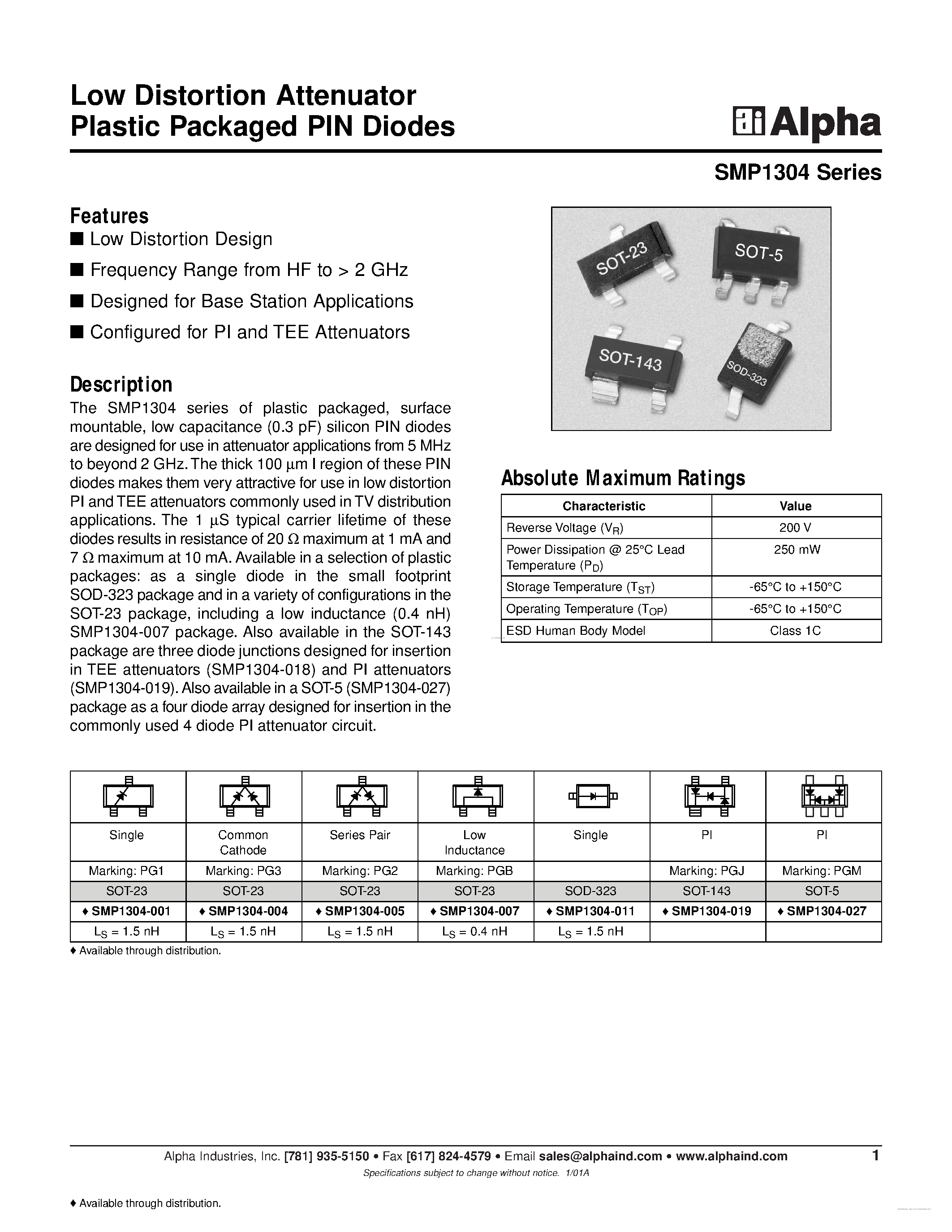 Datasheet SMP1304 - Plastic Packaged PIN Diodes page 1