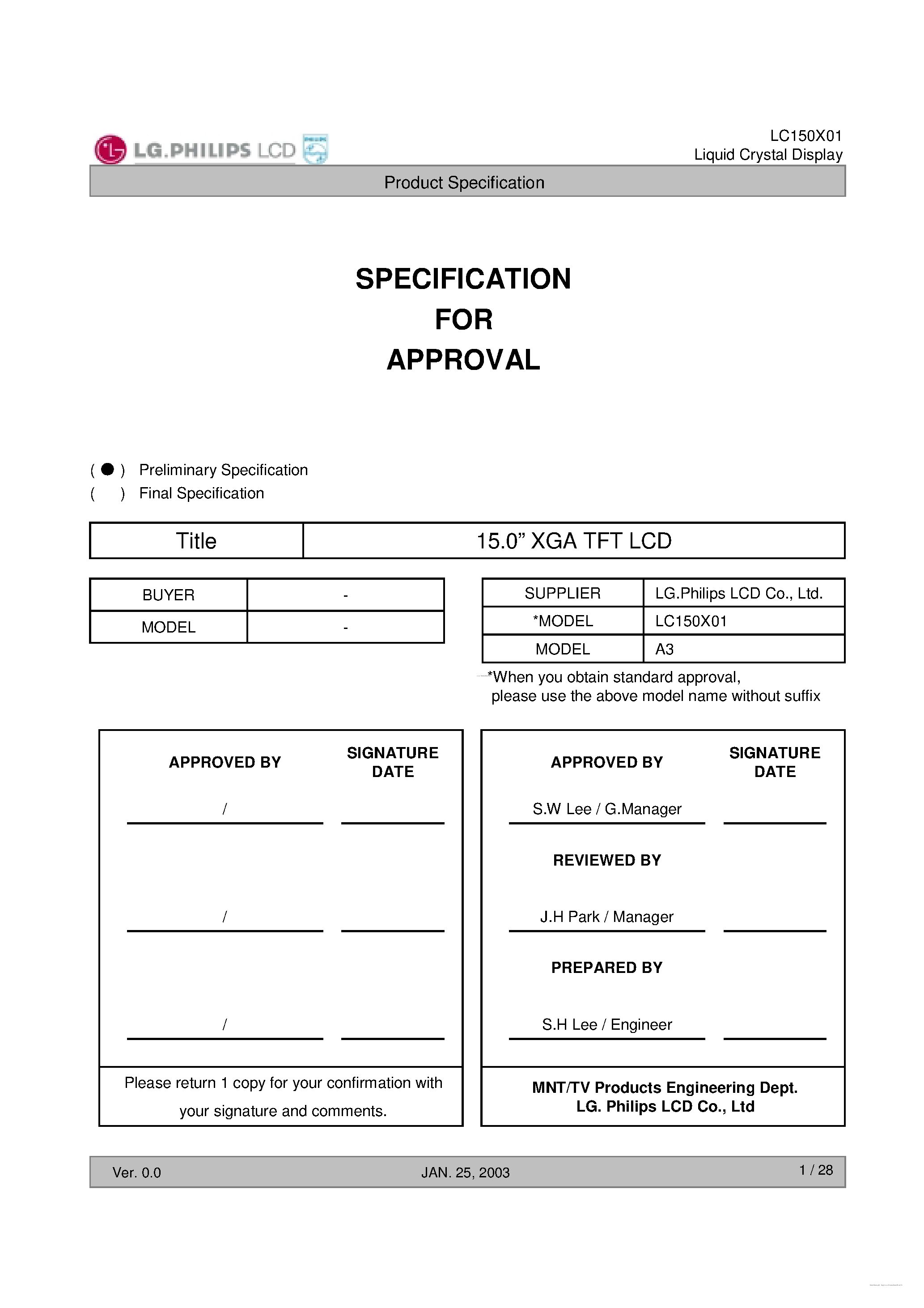 Datasheet LC150X01-A3 - TFT LCD Module page 1
