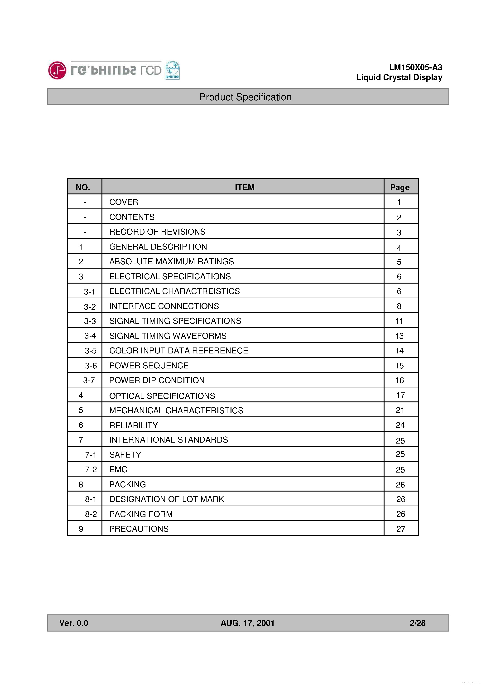 Datasheet LM150X05-A3 page 2 Datasheet LM150X05-A3 - TFT LCD Module page 2