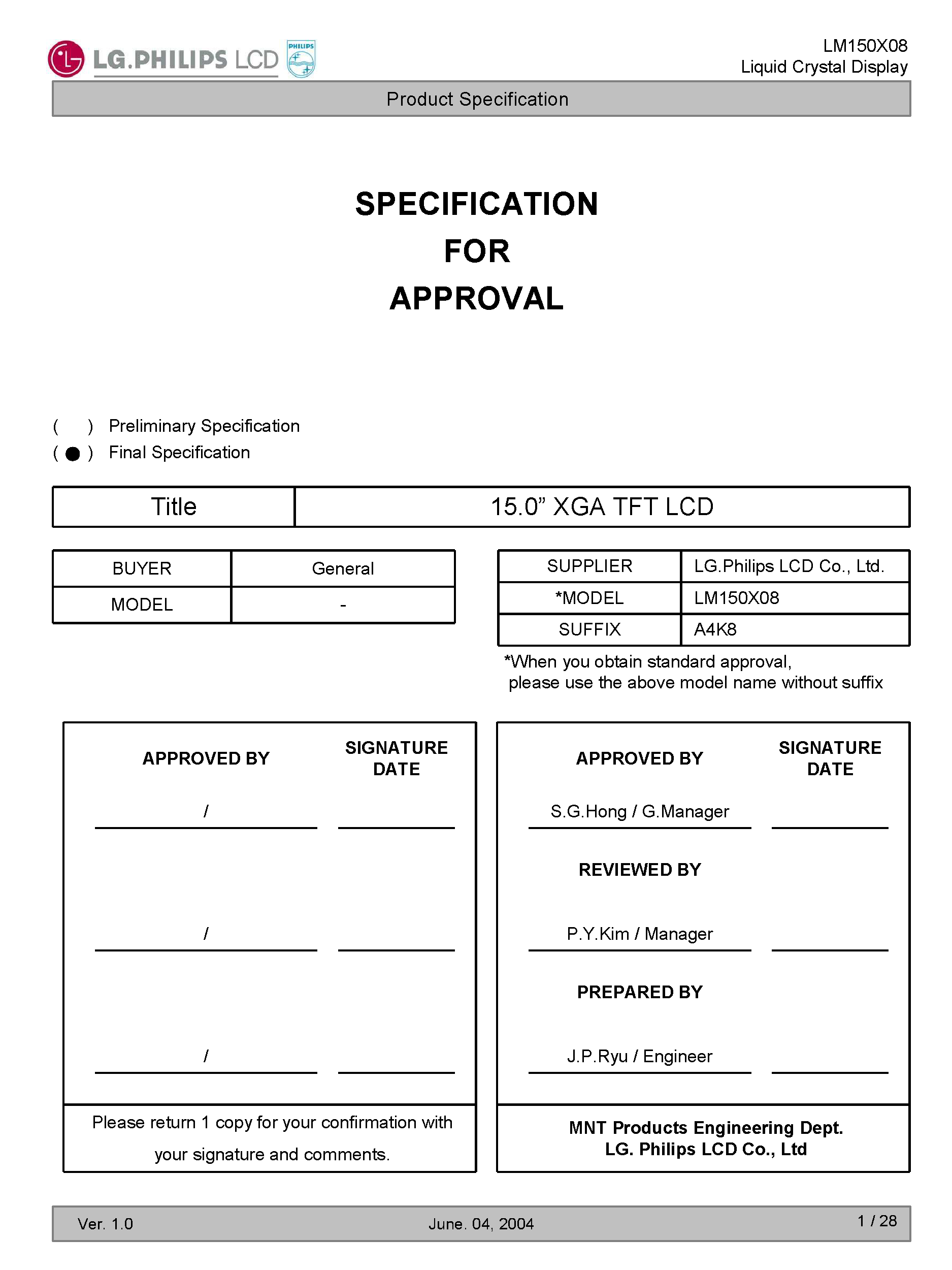 Datasheet LM150X08-A4K8 page 1 Datasheet LM150X08-A4K8 - TFT LCD Module page 1