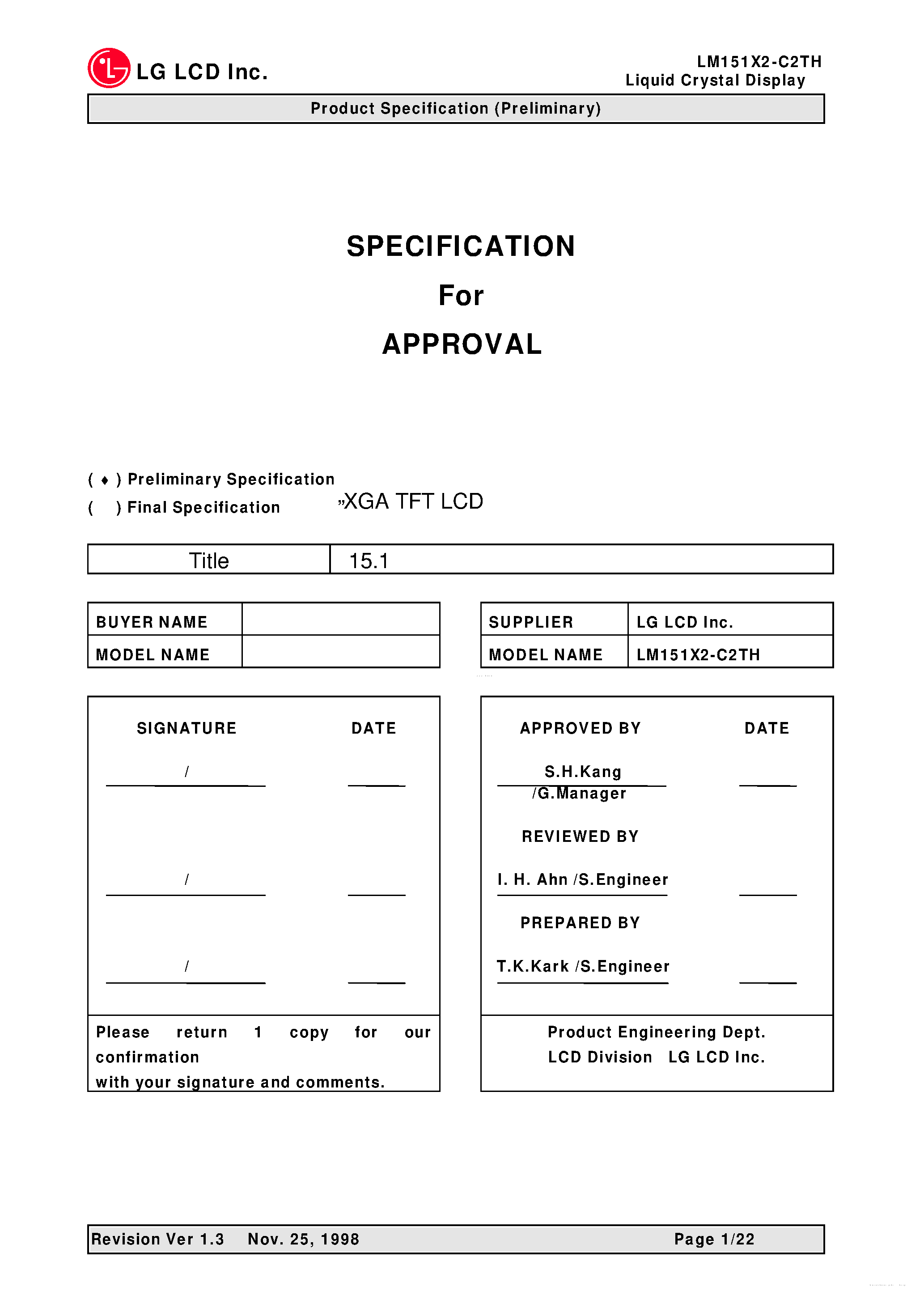 Datasheet LM151X2-C2TH - TFT LCD Module page 1