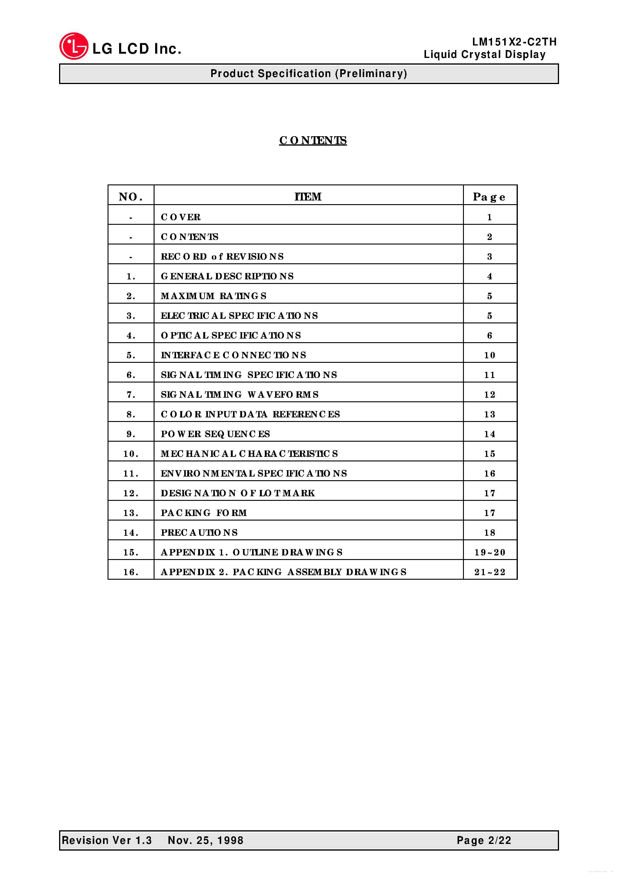 Datasheet LM151X2-C2TH - TFT LCD Module page 2