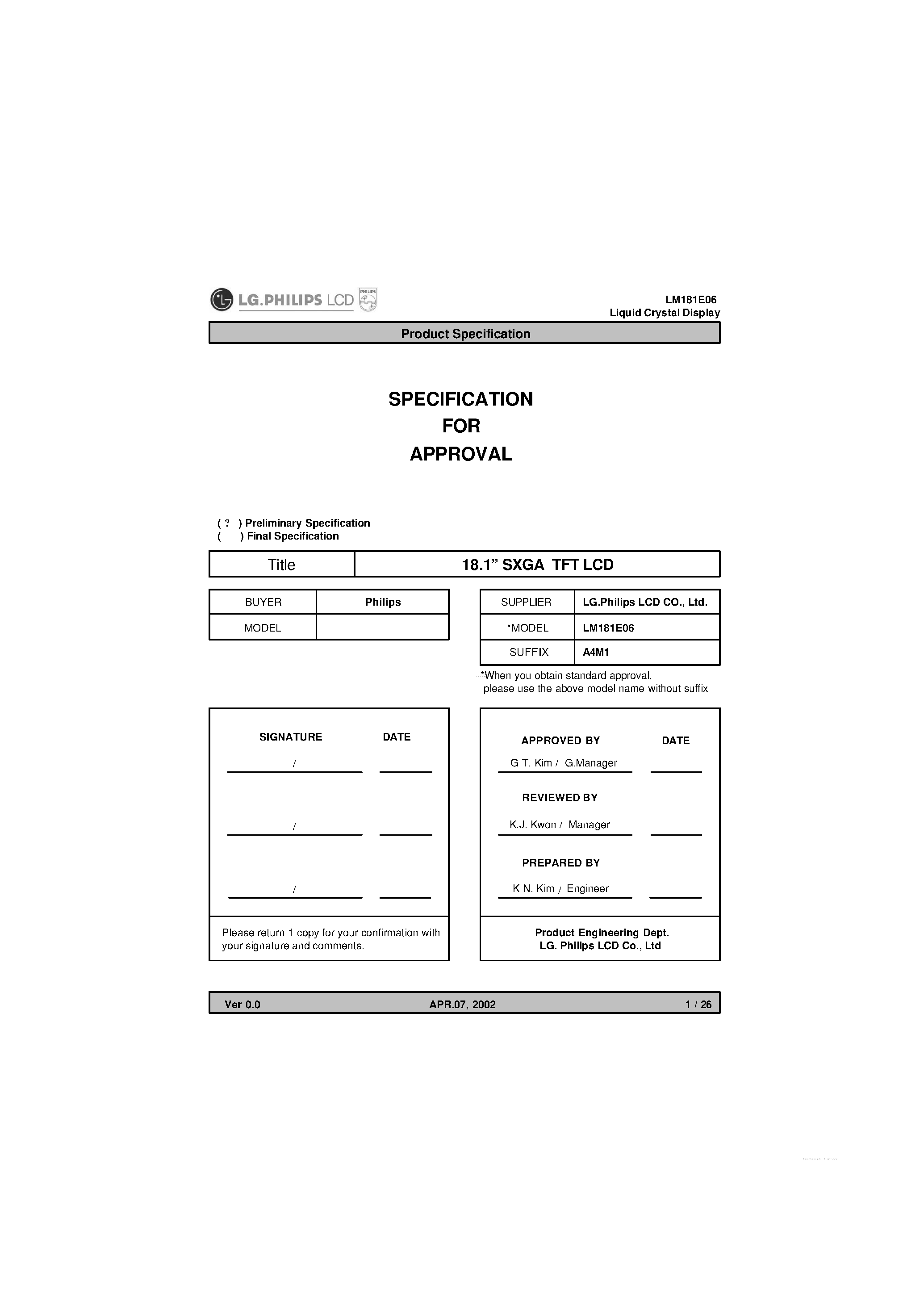 Даташит на микросхему LM181E06-A4M1 страница 1 Даташит LM181E06-A4M1 - TFT LCD Module страница 1