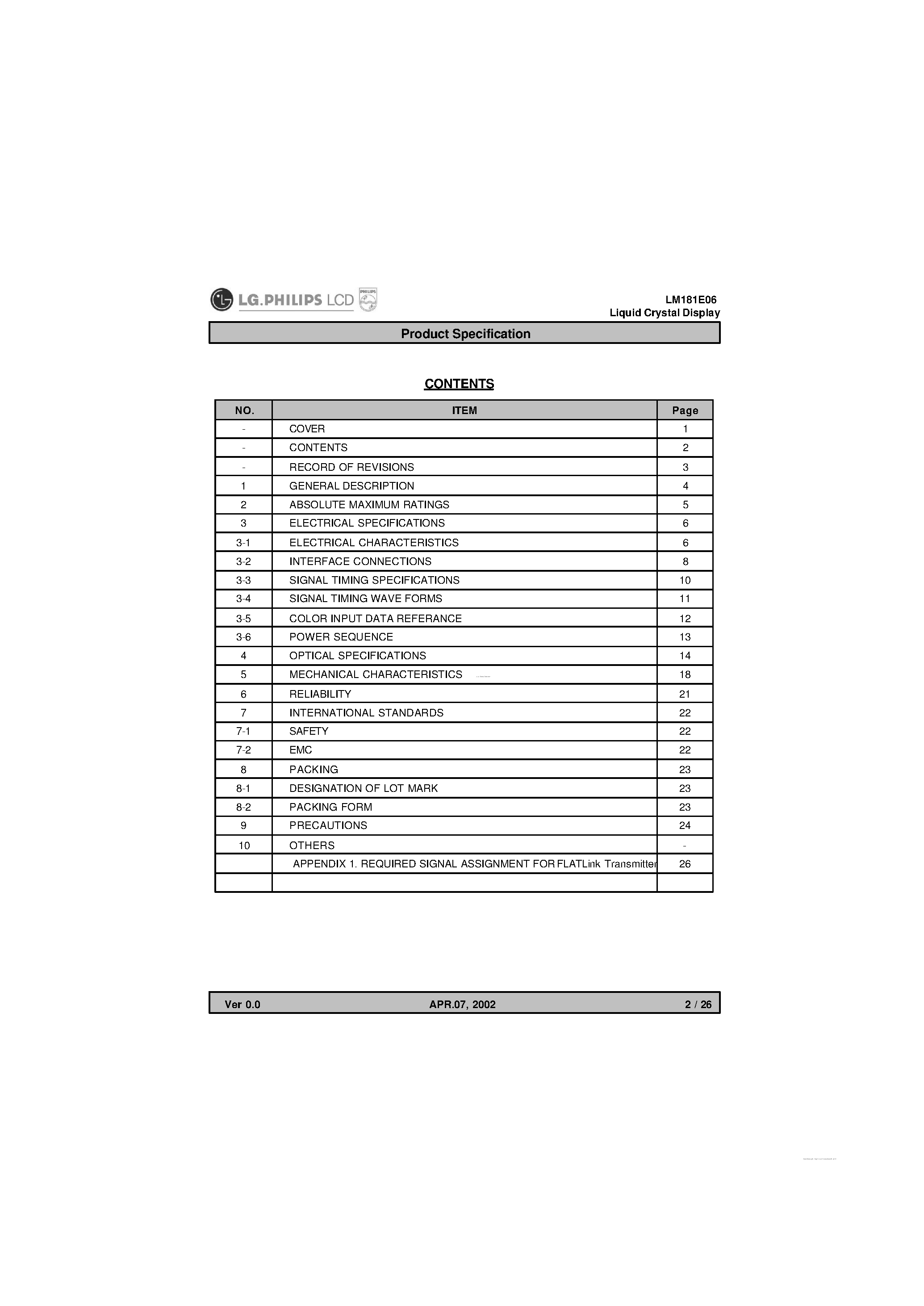 Даташит на микросхему LM181E06-A4M1 страница 2 Даташит LM181E06-A4M1 - TFT LCD Module страница 2