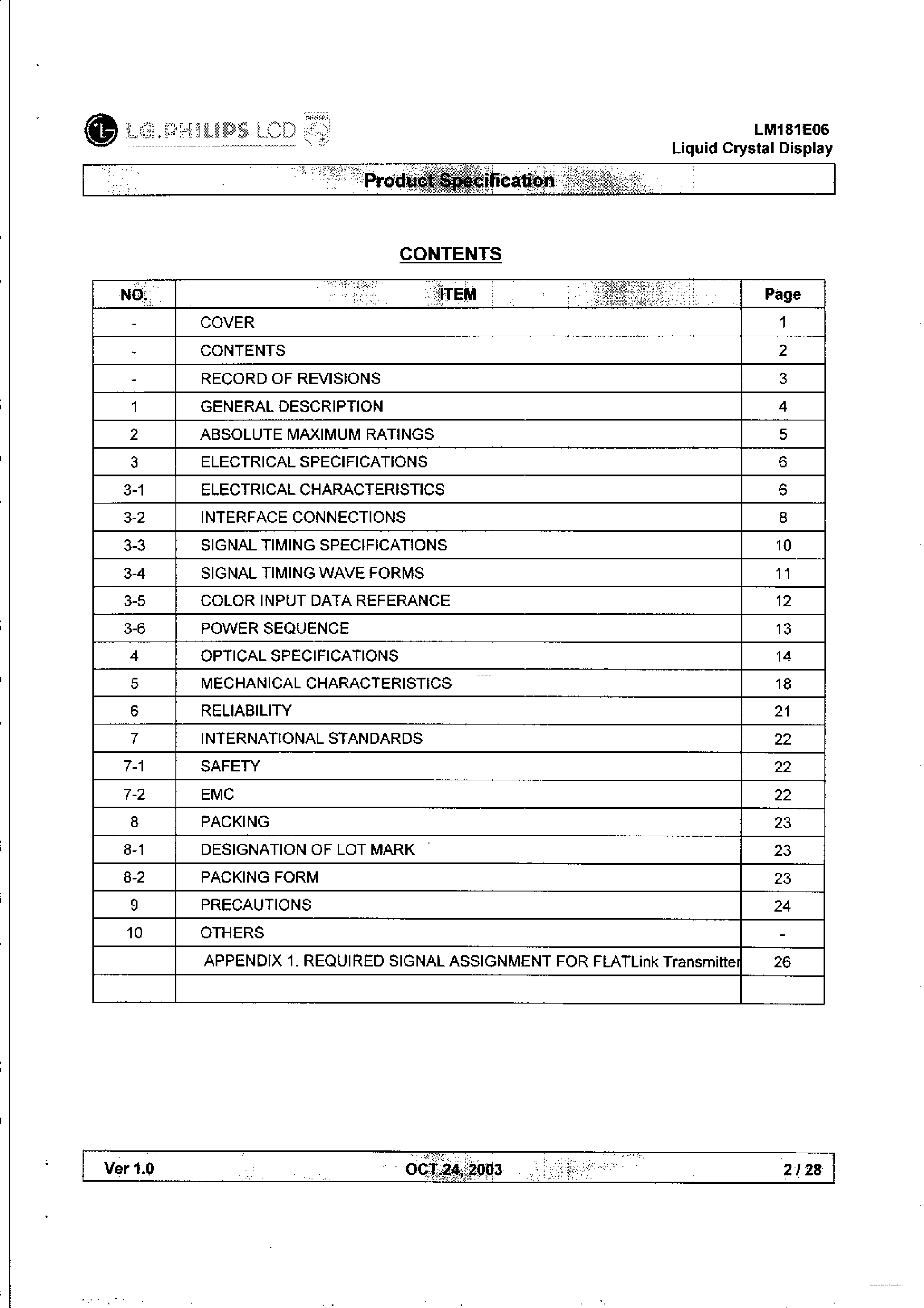 Даташит на микросхему LM181E06-D4 страница 2 Даташит LM181E06-D4 - TFT LCD Module страница 2